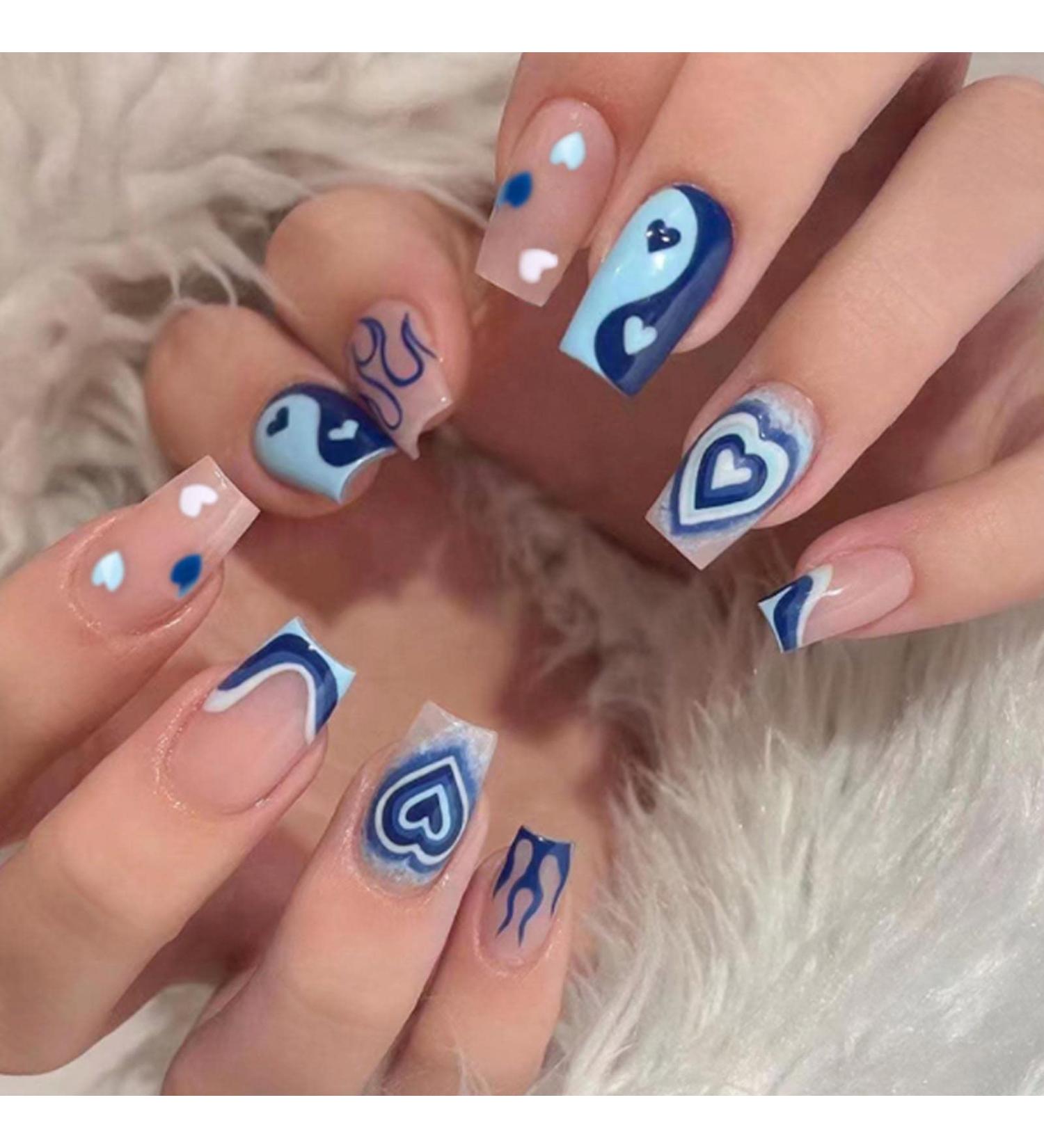 Kamize Blue Heart Square Press on Nails - Medium Full Cover Acrylic False Nails for Women and Girls - Buy Online on GoSupps.com