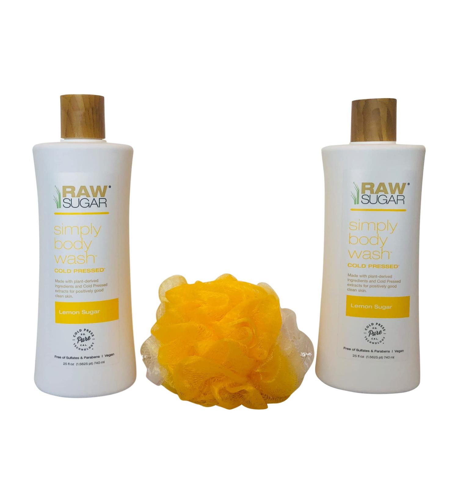 Raw Sugar Lemon Sugar Body Wash Bundle: 2 Body Wash (25 oz. ea.) + Color Coordinated Loofah