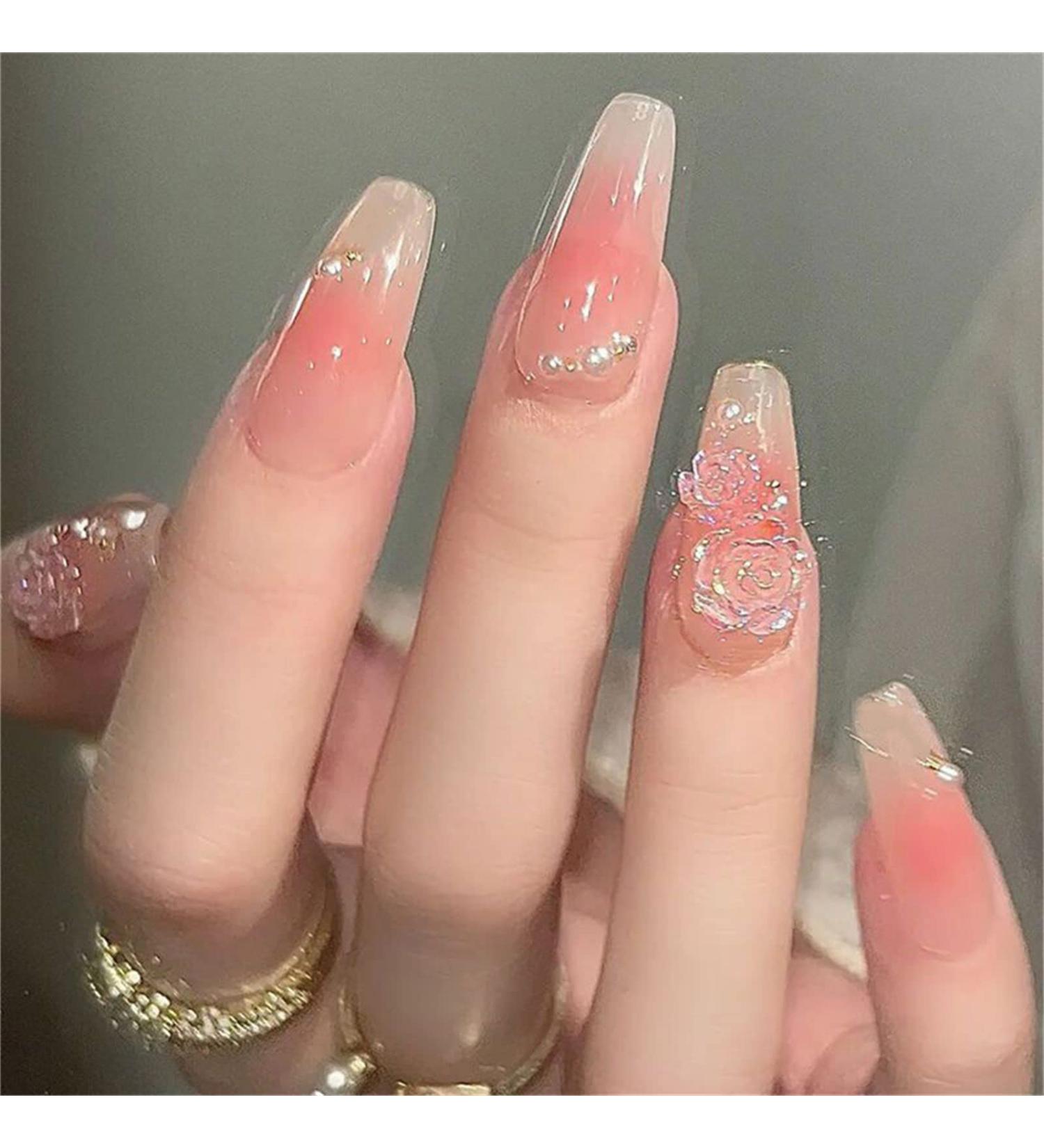 Long Fake Nail Full Cover with Glue Detachable Blush Pink Flowers Press on Nails 24 Pieces Finger Nail Art Tips for Nail Salons and Women DIY Nail Art - Buy Online on GoSupps.com