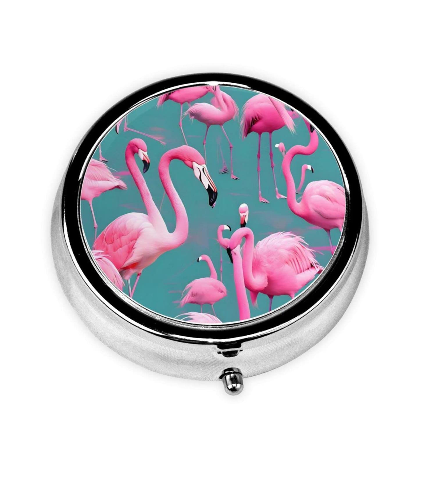 Flock of Flamingos Round Pill Box Organizer - 3 Compartment Portable Travel Pill Box - Black - Buy Online on GoSupps.com