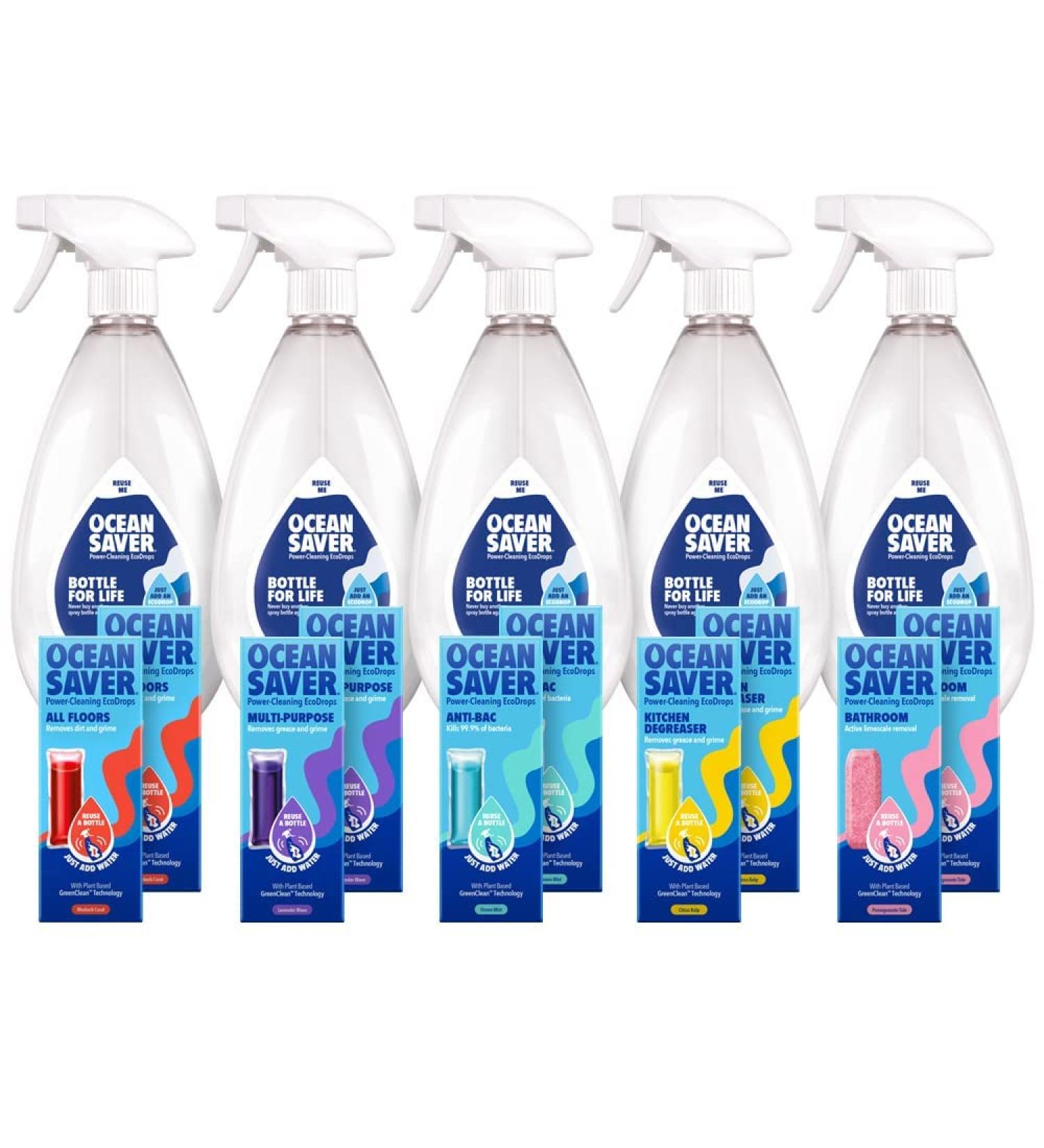 OceanSaver Eco Home Cleaning Kit: Antibacterial Spray, Degreaser, Bathroom Cleaner | Plant-Based, Cruelty-Free | 10 Refills, 5 Prevented Ocean Plastic Bottles - Buy Online on GoSupps.com