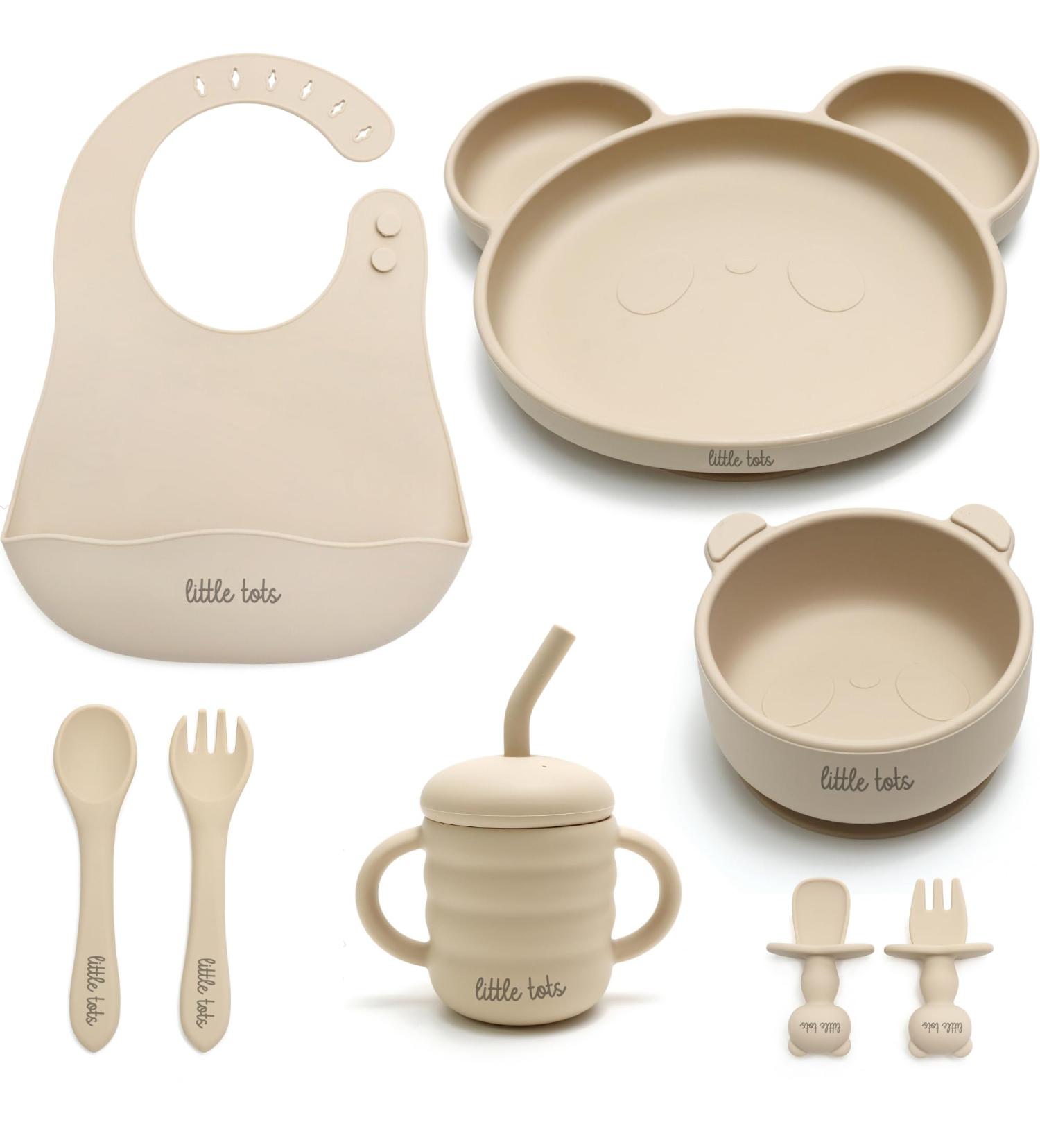 Little Tots Baby Weaning Set | 8-Piece Silicone Suction Plate, Bowl, Bib, Sippy Cup, Spoon, Fork & Cutlery | Cream Cotton - Buy Online on GoSupps.com