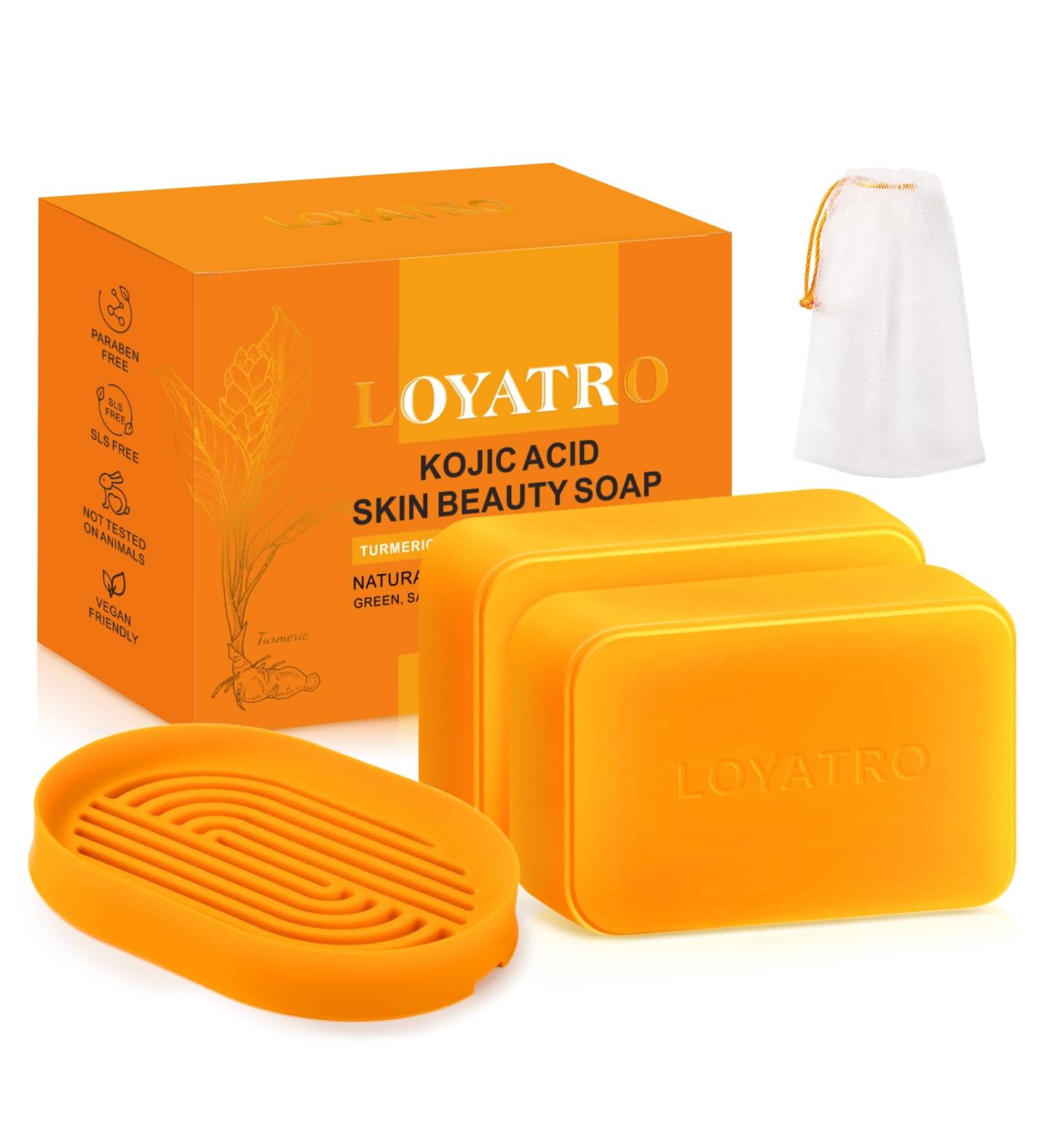 Turmeric Soap for Dark Spots & Acne - Kojic Acid Face & Body Bar for All Skin Types - 2 Pack with Bag & Holder - Buy Online on GoSupps.com