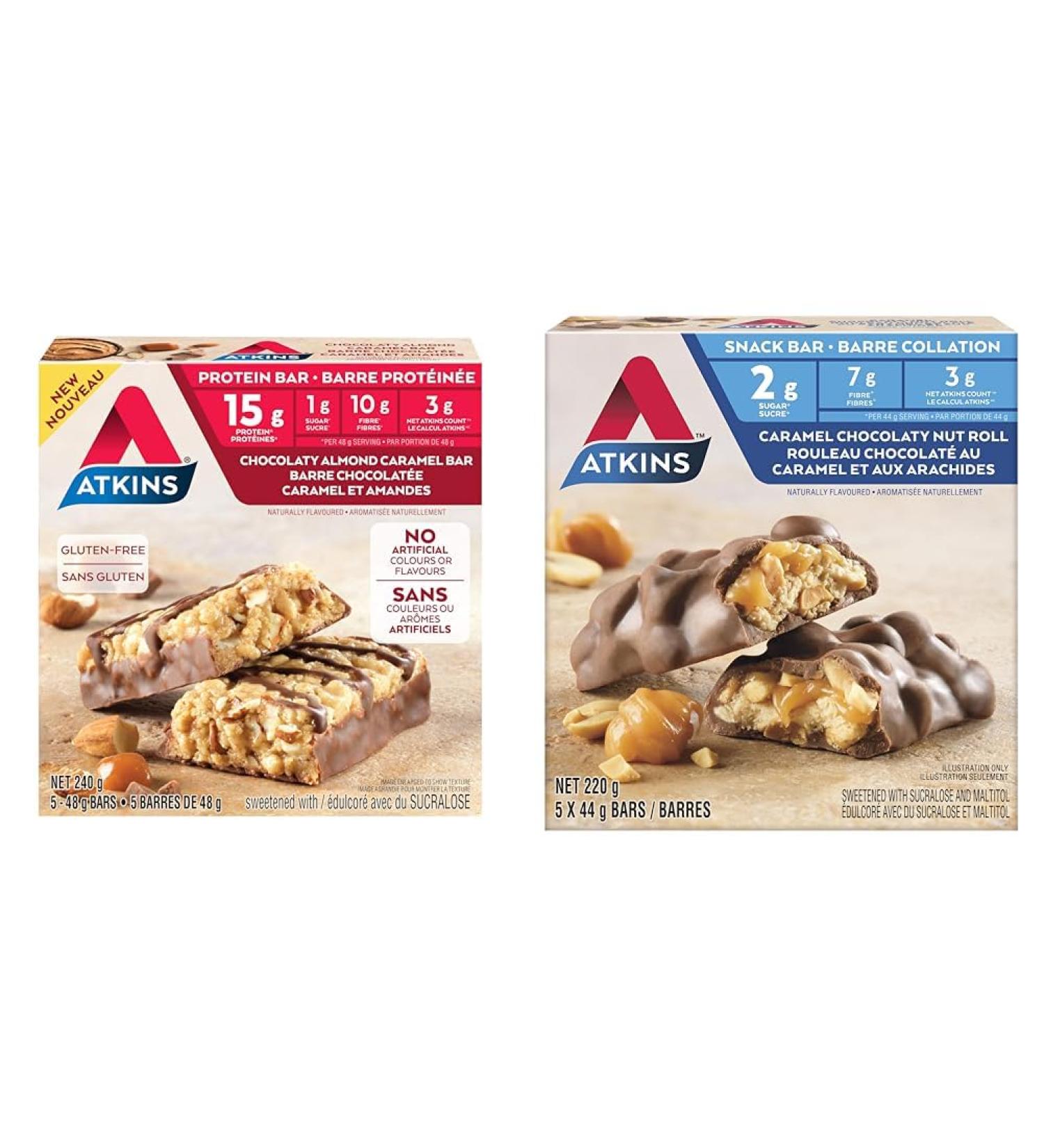 Atkins Protein & Snack Bars Bundle - Chocolaty Almond Caramel | Caramel Chocolaty Nut Roll Low Sugar Keto Friendly High Protein Chocolaty Almond Caramel + Snack Bars - Buy Online on GoSupps.com