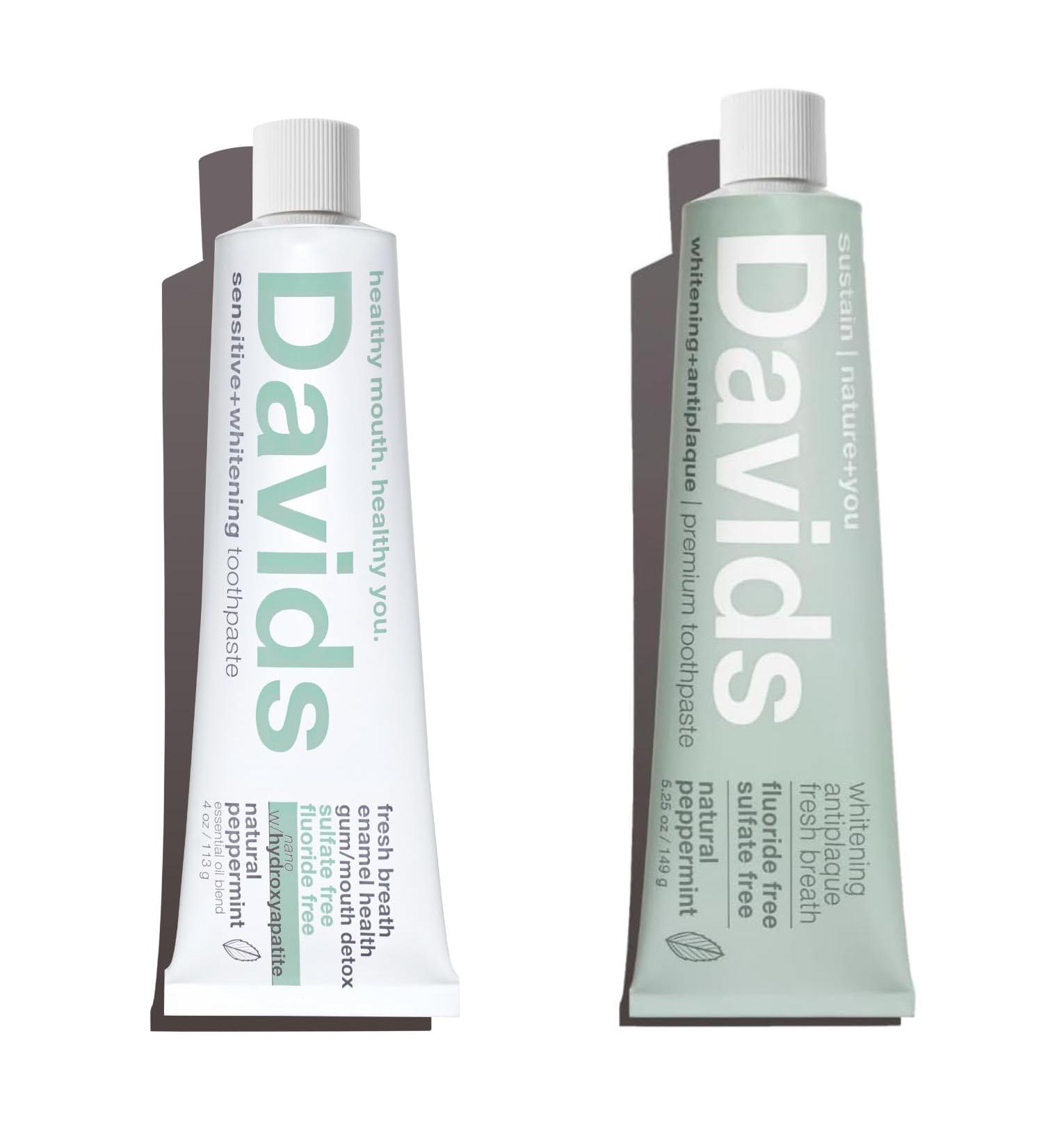 Davids Nano Hydroxi and Antiplaque Peppermint Fluoride Free Toothpaste Bundle SLS Free Recyclable Metal Tube Made in USA 4 oz and 5.25oz - Buy Online on GoSupps.com