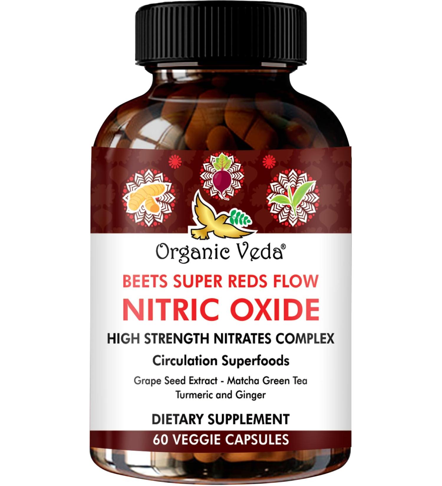 Organic Veda Beet Root Nitric Oxide Capsules | High Strength Energy & Circulation Supplements | Vegan 60 Count with Grape Seed Matcha Turmeric & Ginger - Buy Online on GoSupps.com