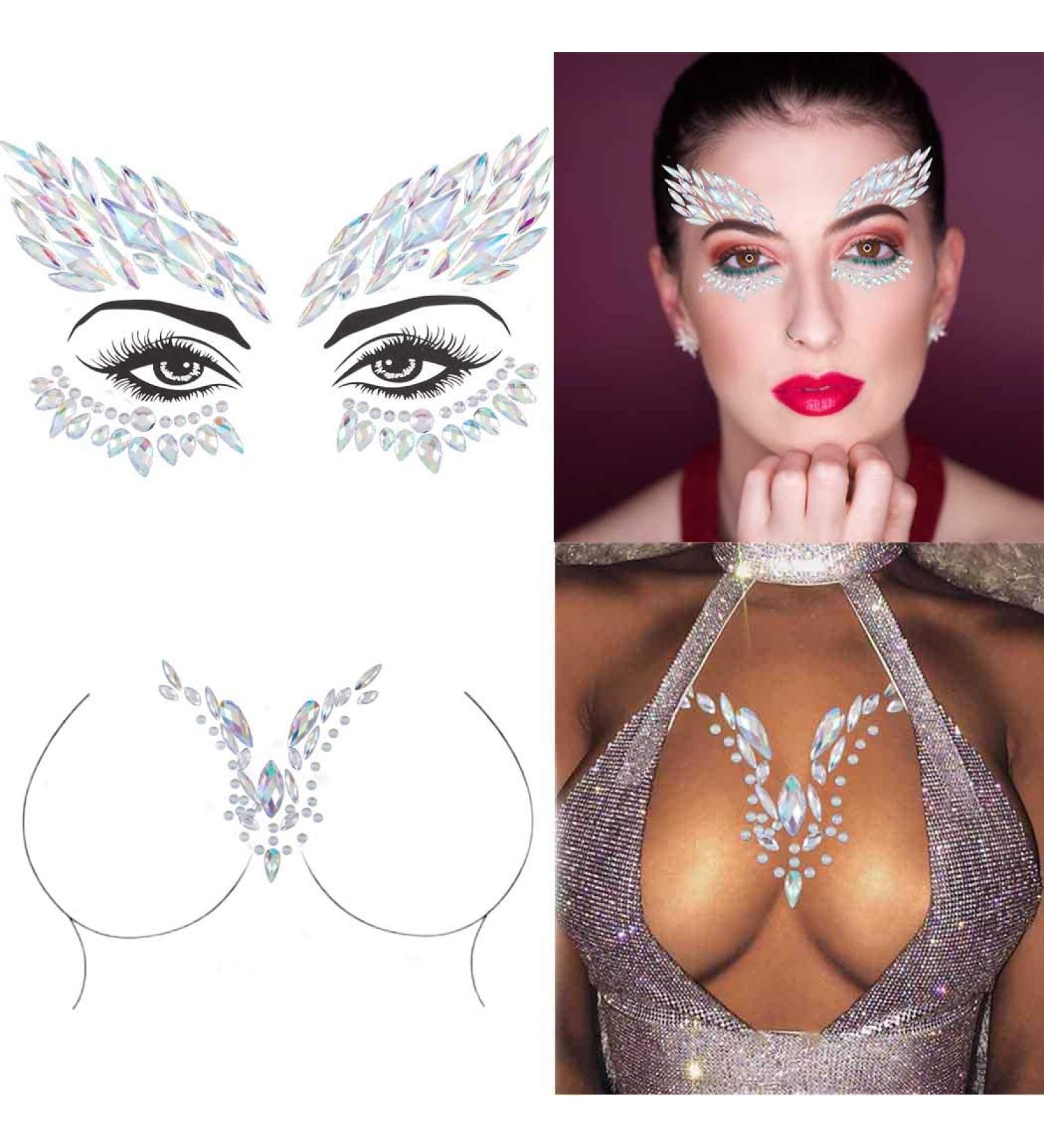 Rhinestone Face Gems and Mermaid Chest Gems Set - Crystal Body Jewels for Festivals and Parties - 2PCS - Buy Online on GoSupps.com
