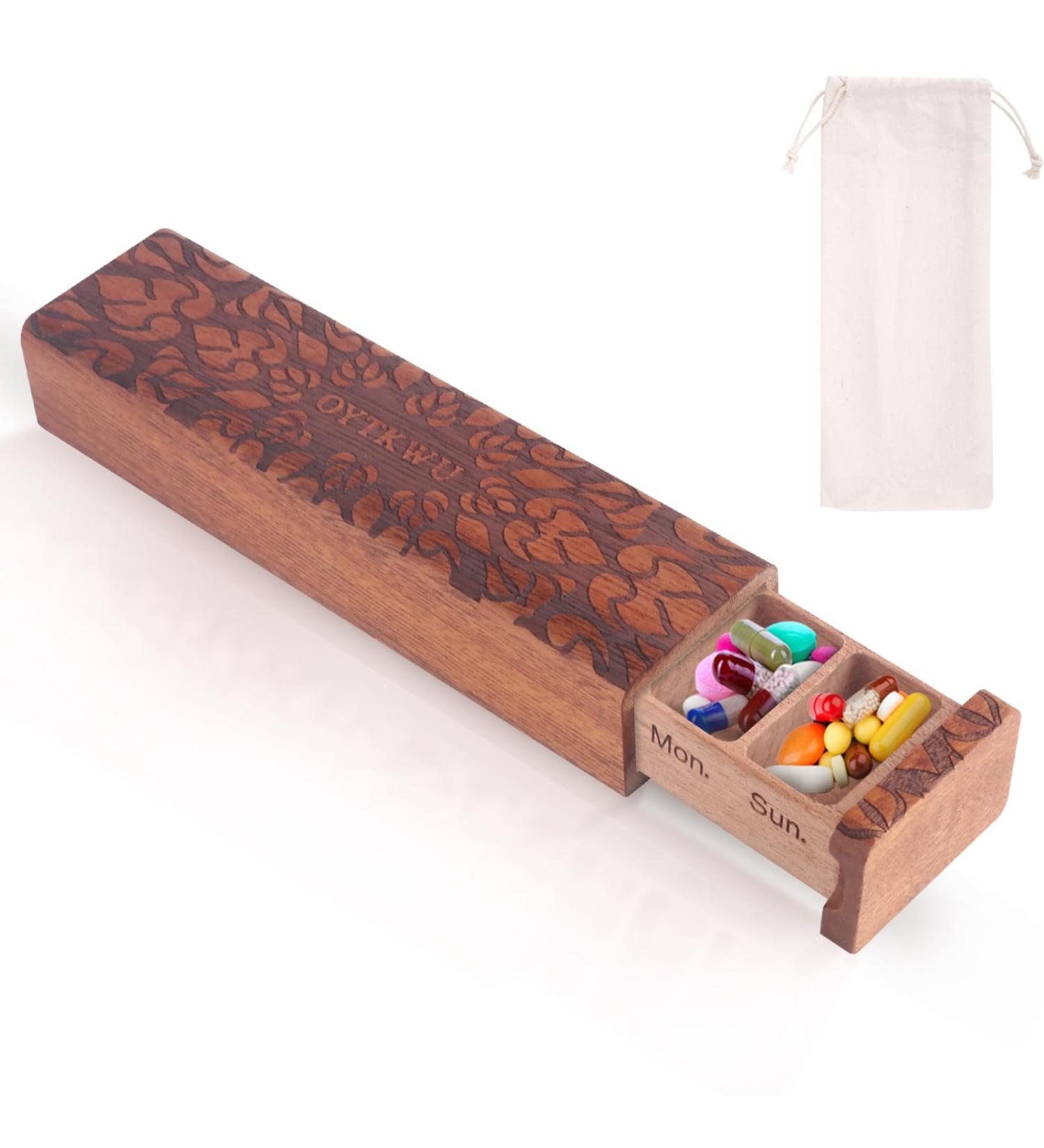 Wooden Weekly Pill Organizer - Travel-Friendly 7 Day Pill Box for Daily Medication Tracking (Sapele - Buy Online on GoSupps.com