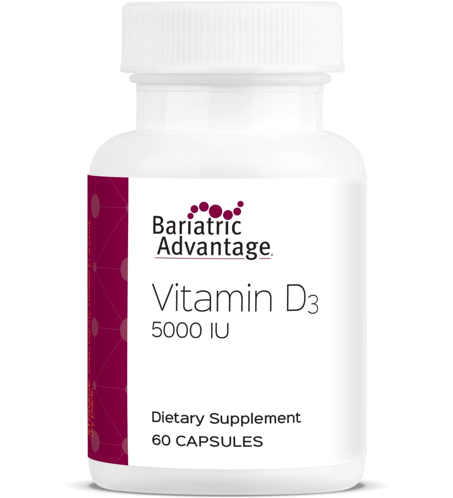Bariatric Advantage Vitamin D3 5000 IU High Potency Vitamin D Supplement Easy Swallow Capsule Dry Water Soluble Formula Mixes Completely with Water - 60 Count