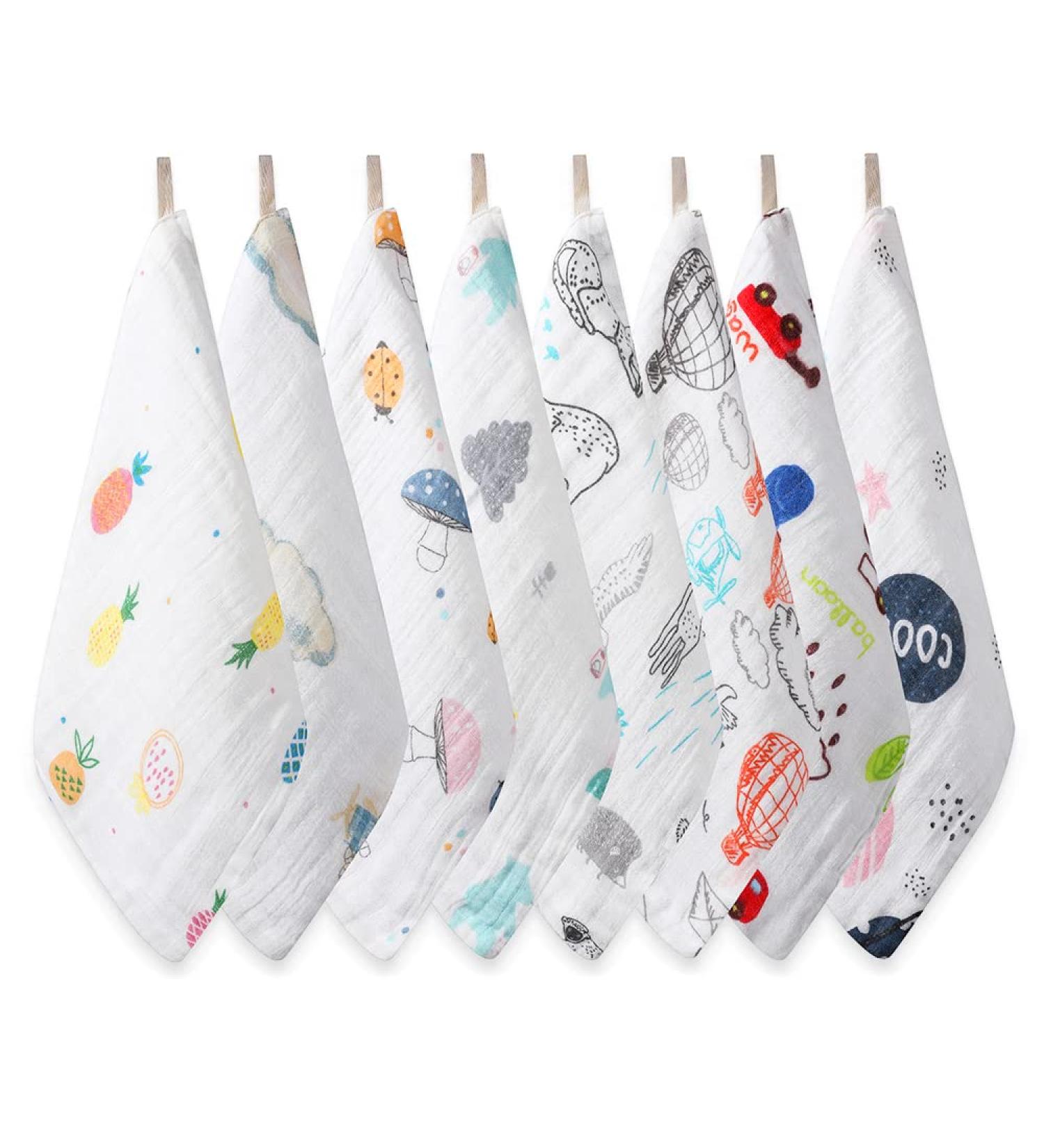 Baby Muslin Washcloths 8 Pack - Soft Bamboo Cotton Towels for Newborns - 10x10 Inch Natural Wipes for Baby Bath - Shower Registry Gift (Random Patterns) - 4 Layers Absorbent - Buy Online on GoSupps.com