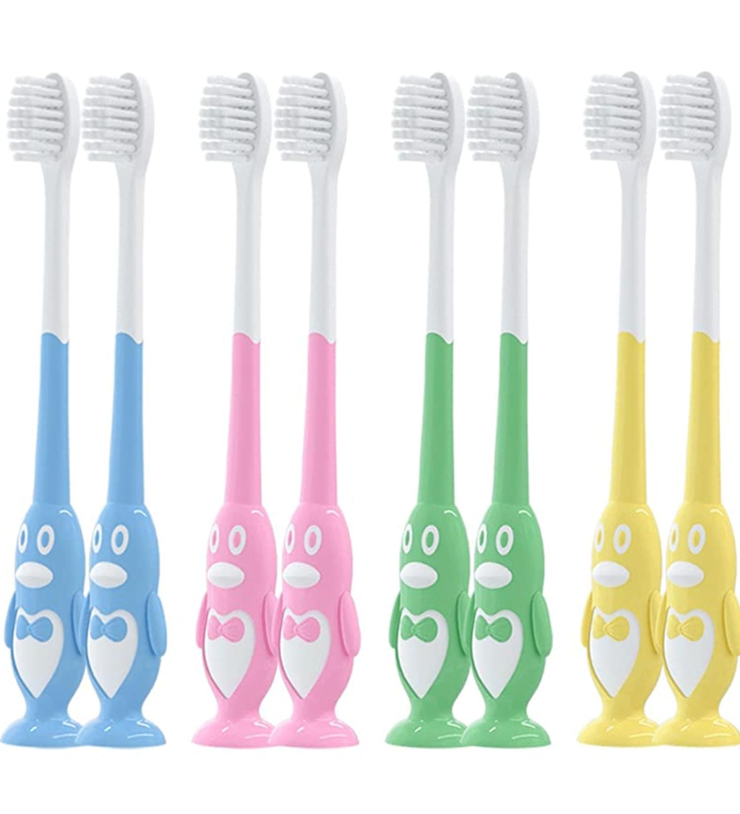 Clean Cute Penguin Shape Children's Toothbrush - Manual Suction Cup Brush for Toddlers (Ages 3-12) | 4/8 Pack - Buy Online on GoSupps.com