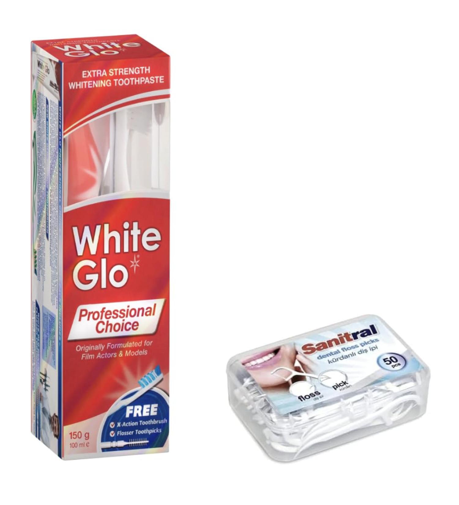 White Glo Professional Choice Toothpaste & Toothbrush Set - Extra Strength 100 ml + Sanitral 50 Dental Floss Sticks | International Shipping Available - Buy Online on GoSupps.com