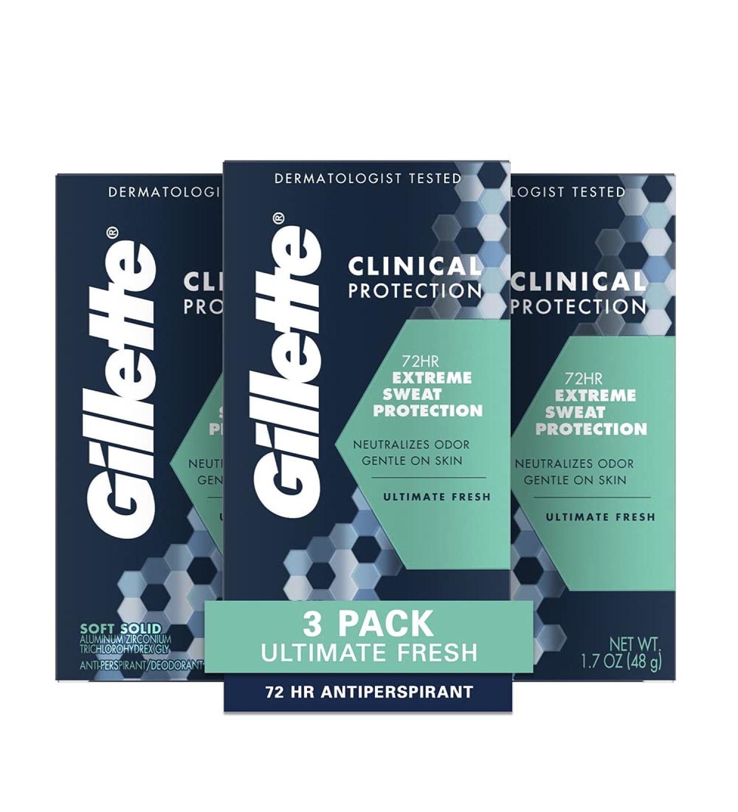 Gillette Antiperspirant Deodorant for Men - Clinical Soft Solid, Ultimate Fresh, 72 Hr Protection, 3 Pack (1.7 oz Each) - Buy Online on GoSupps.com