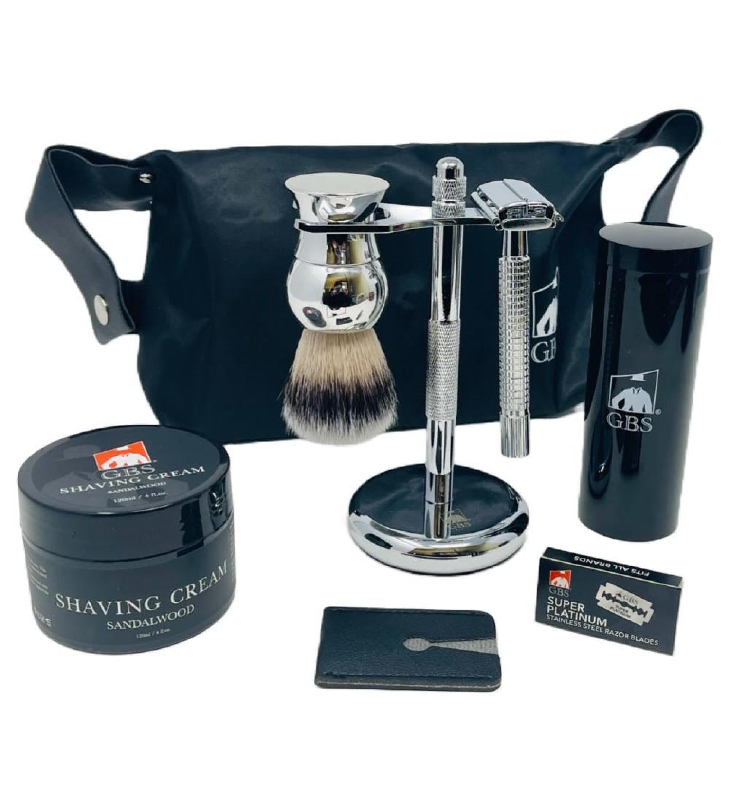 Buy G.B.S Travel Shaving Kit | Chrome Double Edge Razor Brush Leather Sleeve & Sandalwood Cream - Perfect for Men s Grooming & Travel - Buy Online on GoSupps.com