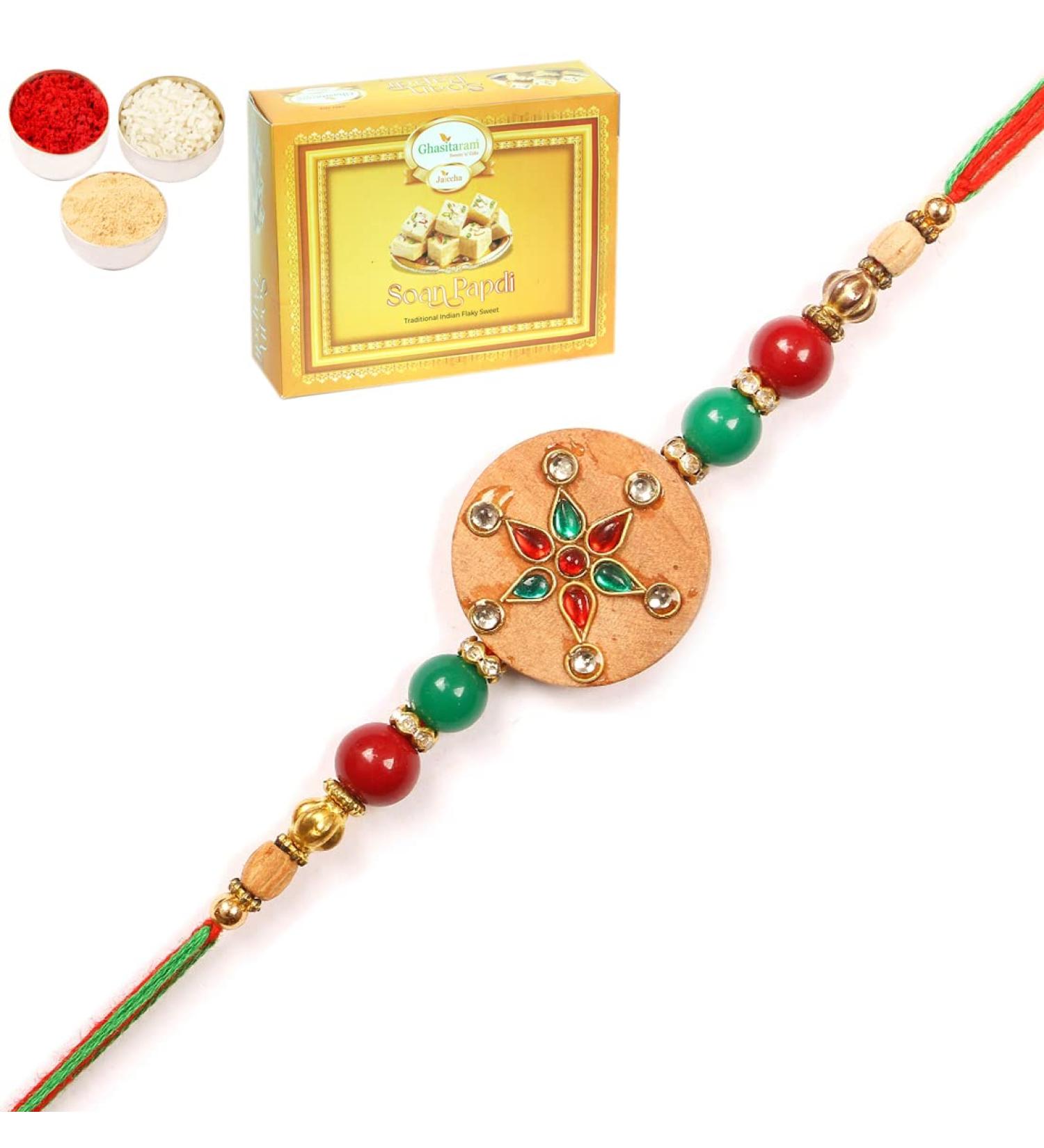 Ghasitaram Gifts Rakhi for Brother Rakhis Online - 2K-263 Premium Rakhi with 400 GMS of Soan Papdi - Buy Online on GoSupps.com