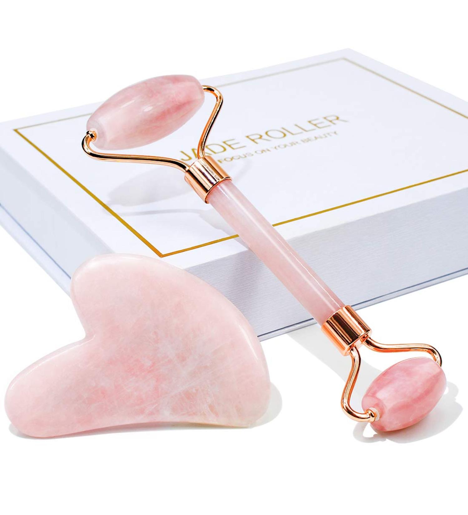 BAIMEI Rose Quartz Jade Roller & Gua Sha Set for Facial Beauty - Skin Care Tools for Relaxing Muscles, Fine Lines & Wrinkles - Pink - Buy Online on GoSupps.com