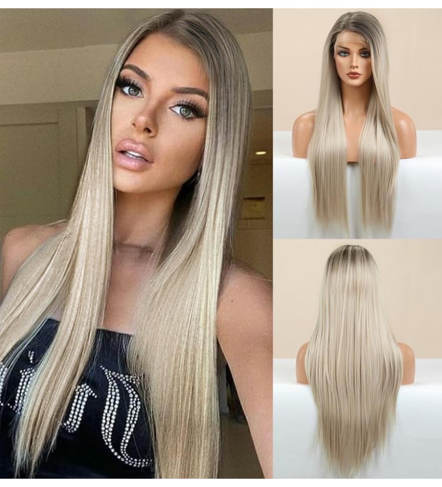 Vebonny Silberblonde Lace Front Wig - Ombre Brown 22 Inch Straight Hair with Baby Hair | Synthetic Long Hair Wig #087 - Buy Online on GoSupps.com
