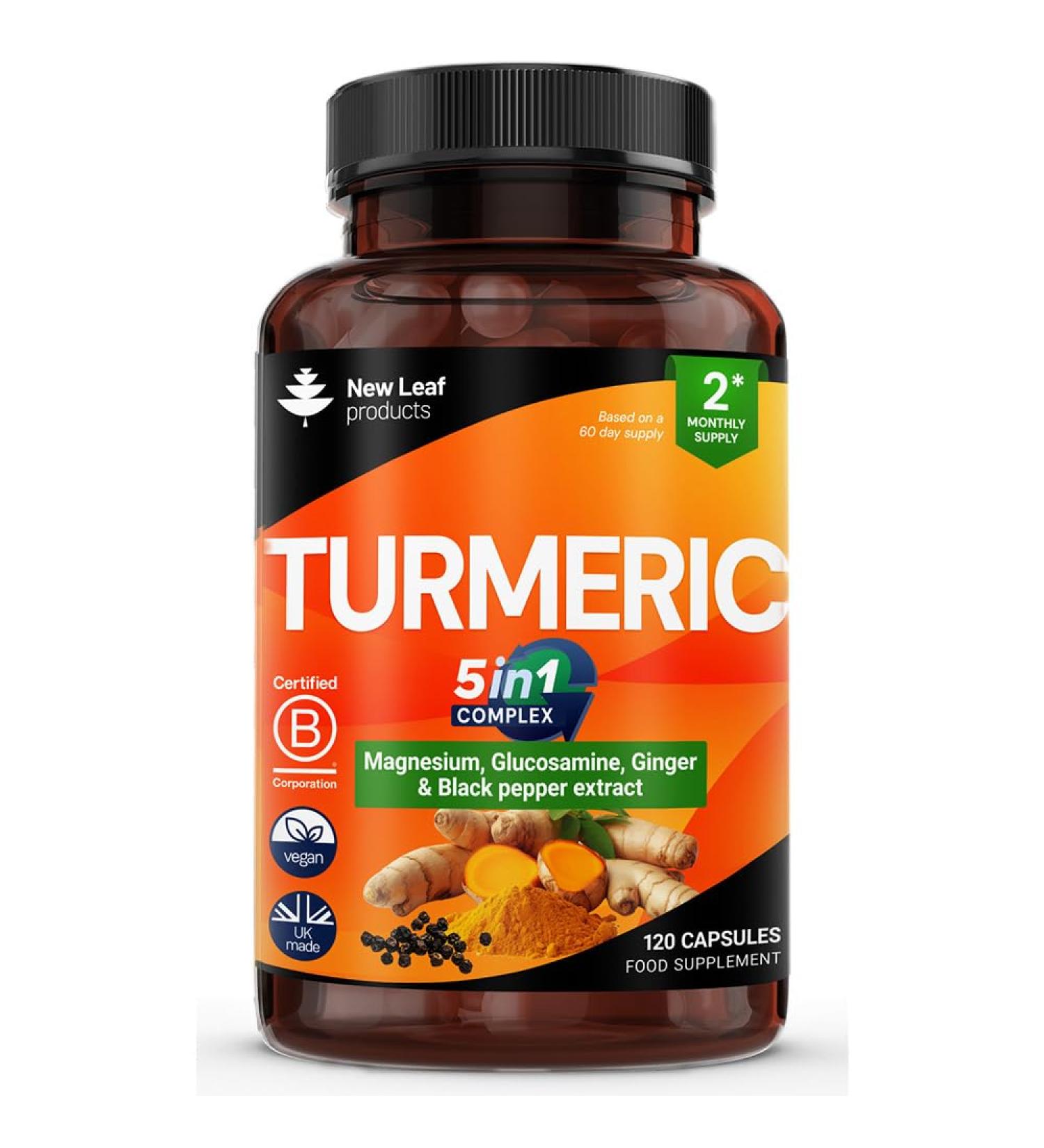 Turmeric 5-in-1 Complex - 5000mg Turmeric Capsules High Strength Enriched with Magnesium & Glucosamine Sulphate - Added Ginger Capsules + Black Pepper Curcumin Supplement - Vegan Supplement - Buy Online on GoSupps.com