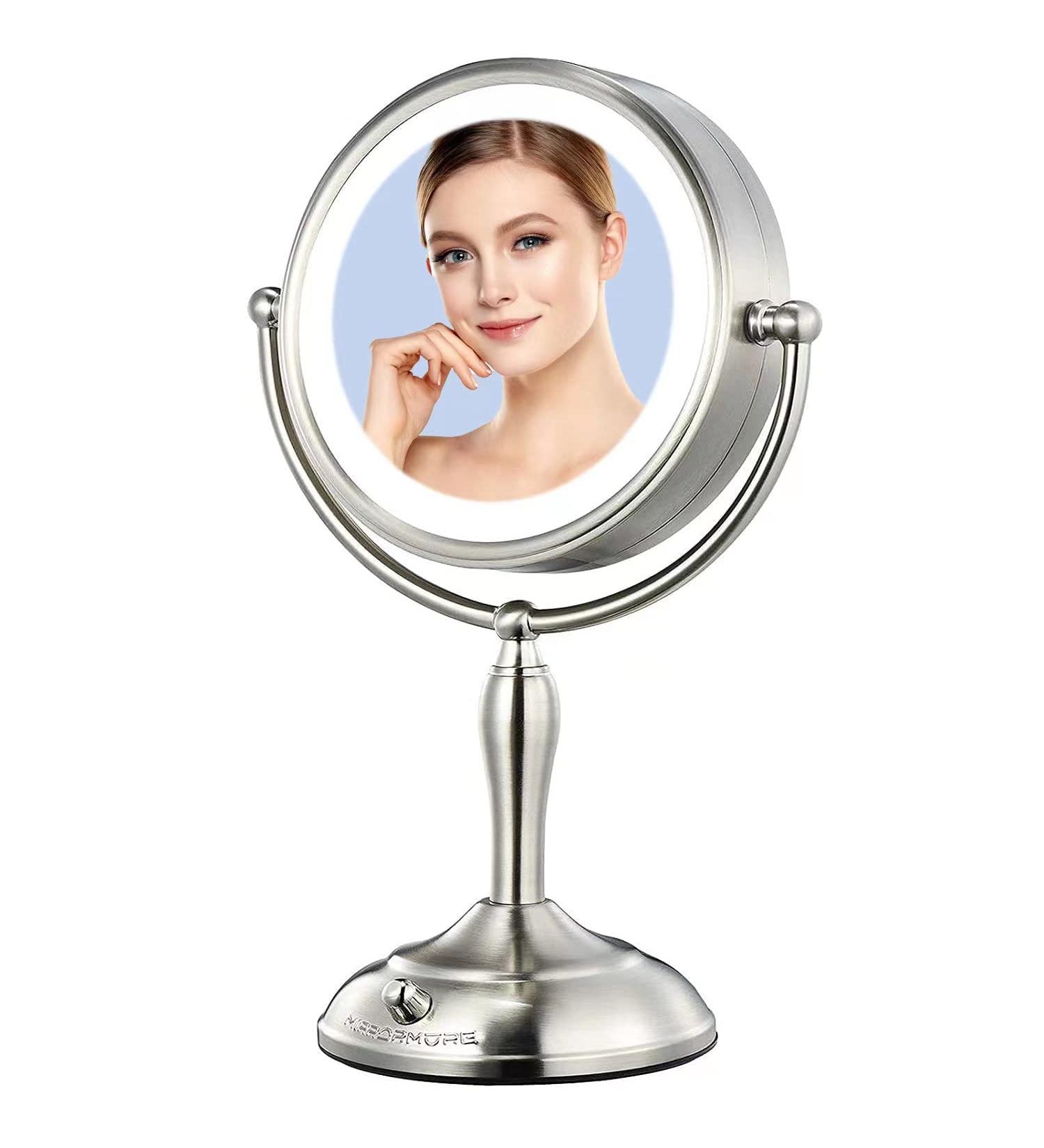 Mirrormore 8.5 Large Vanity Mirror with 40 Dimmable LED Lights, 1X/10X Magnification, 3 Light Colors, Senior Pearl Nickel Finish - 360 Rotation, Power Saving Supply - Buy Online on GoSupps.com