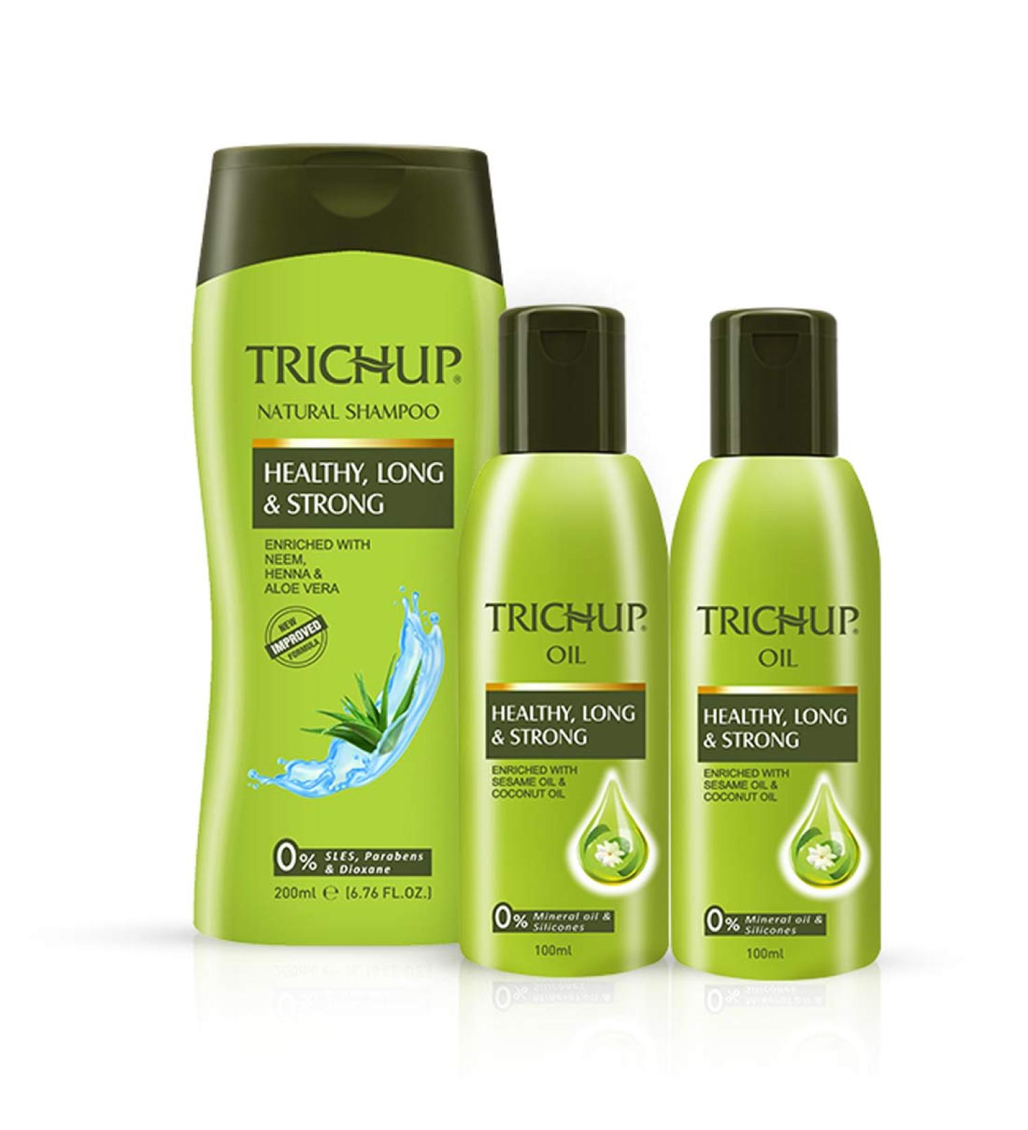 Trichup 3-Piece Long Hair Care or Hair Growth Kit with Healthy Long & Strong Oil (200 ml x 2) and Healthy Long & Strong Shampoo (200 ml) - Buy Online on GoSupps.com
