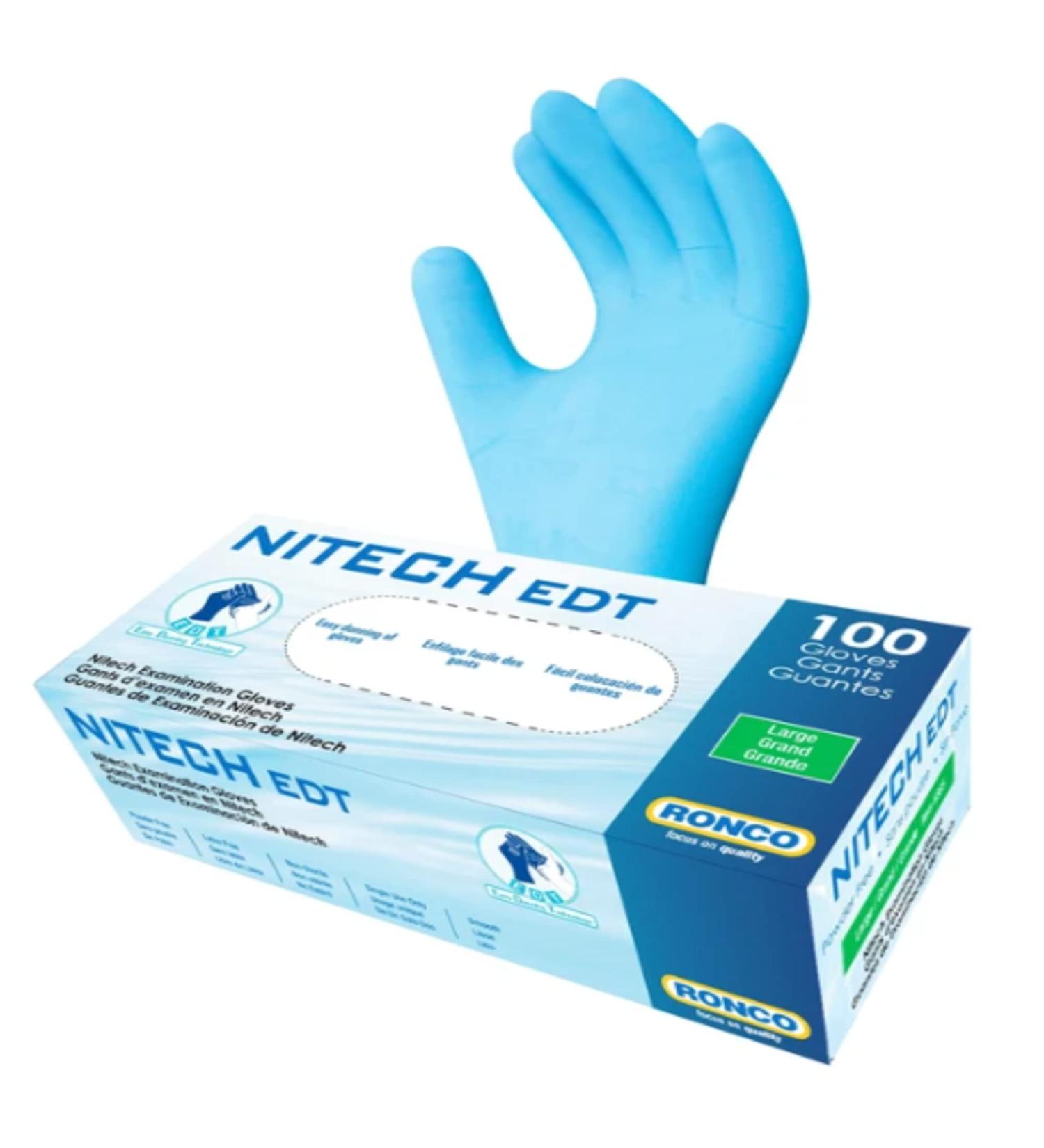 Ronco 385 Nitech Examination Gloves Large Powder Free Latex Free Box of 100 Gloves