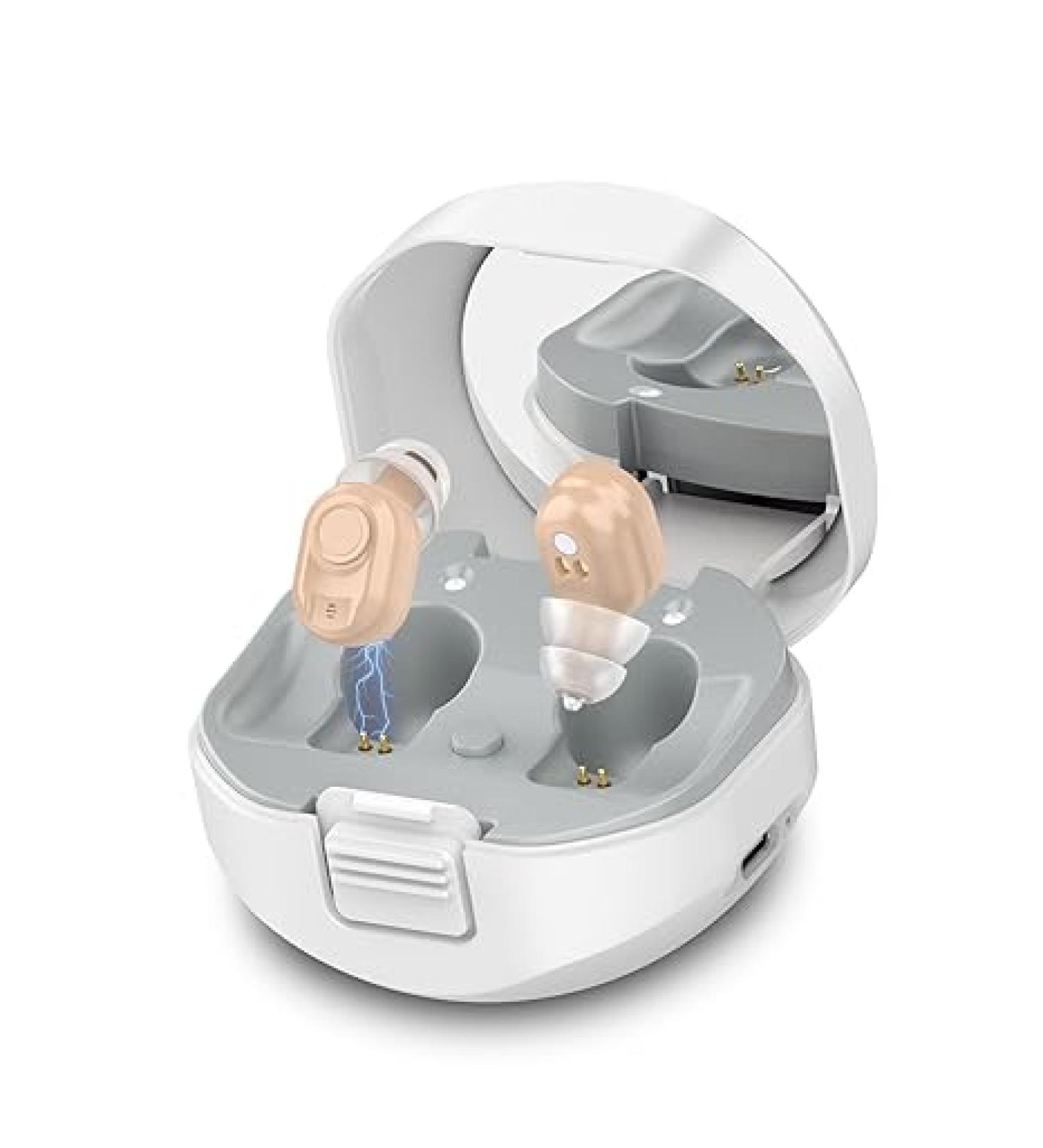 Rechargeable Hearing Aids for Seniors with Noise Cancelling - EARRCK Nano Amplifier with Volume Control and Charging Case (Beige) - Buy Online on GoSupps.com
