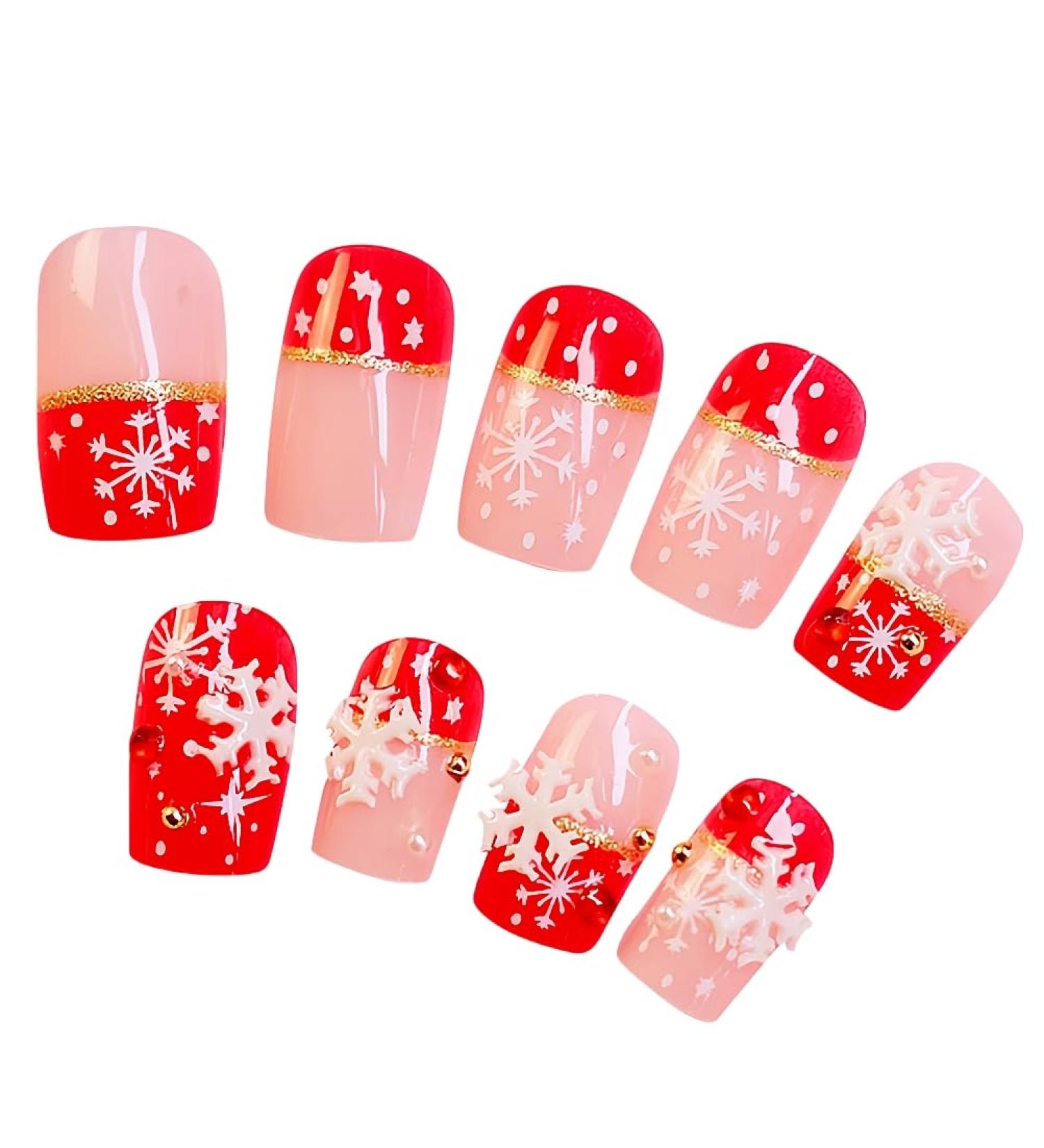 24pcs / set Faux Ongles De No l 3D Flocon De Neige Acrylique Faux Ongles Astuces Couverture Compl te Pink Red - Buy Online on GoSupps.com