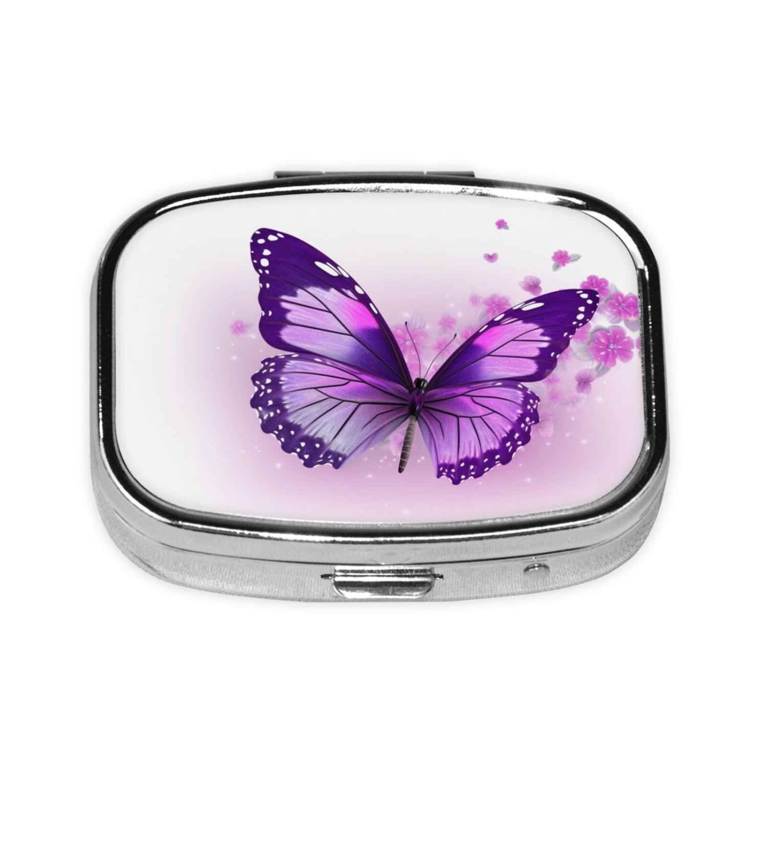 Purple Butterfly 2 Compartment Small Pill Case - Cute Travel Pill Organizer for Purse & Pocket Gifts - Buy Online on GoSupps.com