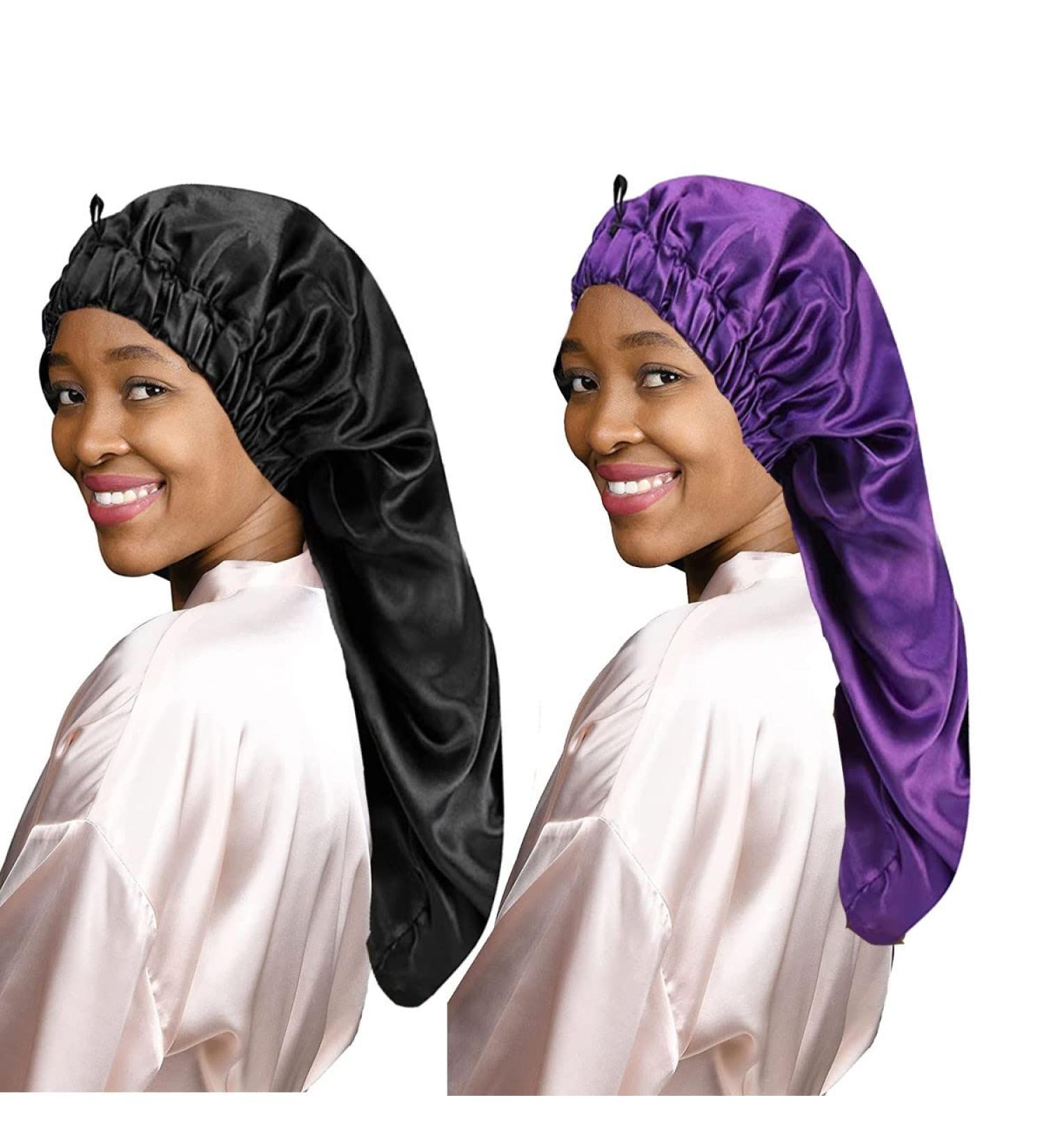 LadayPoa 2 Pcs Long Satin Sleep Cap for Women Girls - Black+Purple Satin Bonnet for Long Curly Hair Protection - Buy Online on GoSupps.com