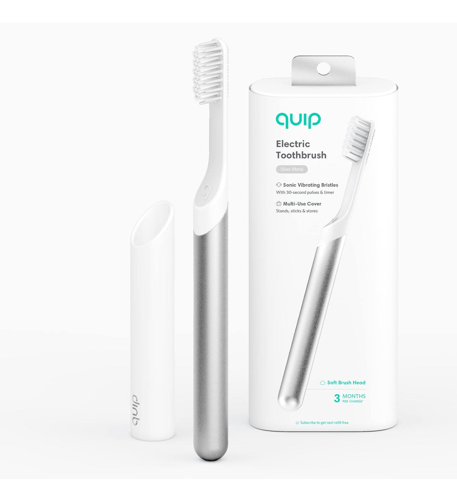quip Adult Electric Toothbrush - Sonic with Travel Cover, Soft Bristles, Timer & Metal Handle - Silver - Buy Online on GoSupps.com