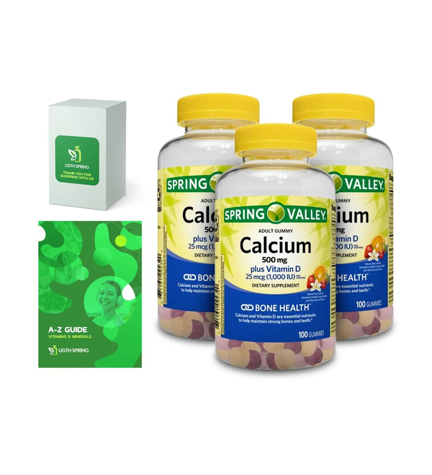 Calcium Plus Vitamin D Adult Gummies 500 mcg 1000 IU Assorted Flavors 100 Ct (3 Pack) Bundle with Exclusive Vitamins & Minerals - A to Z - Better Ligth&Spring Guide (4 Items) - Buy Online on GoSupps.com