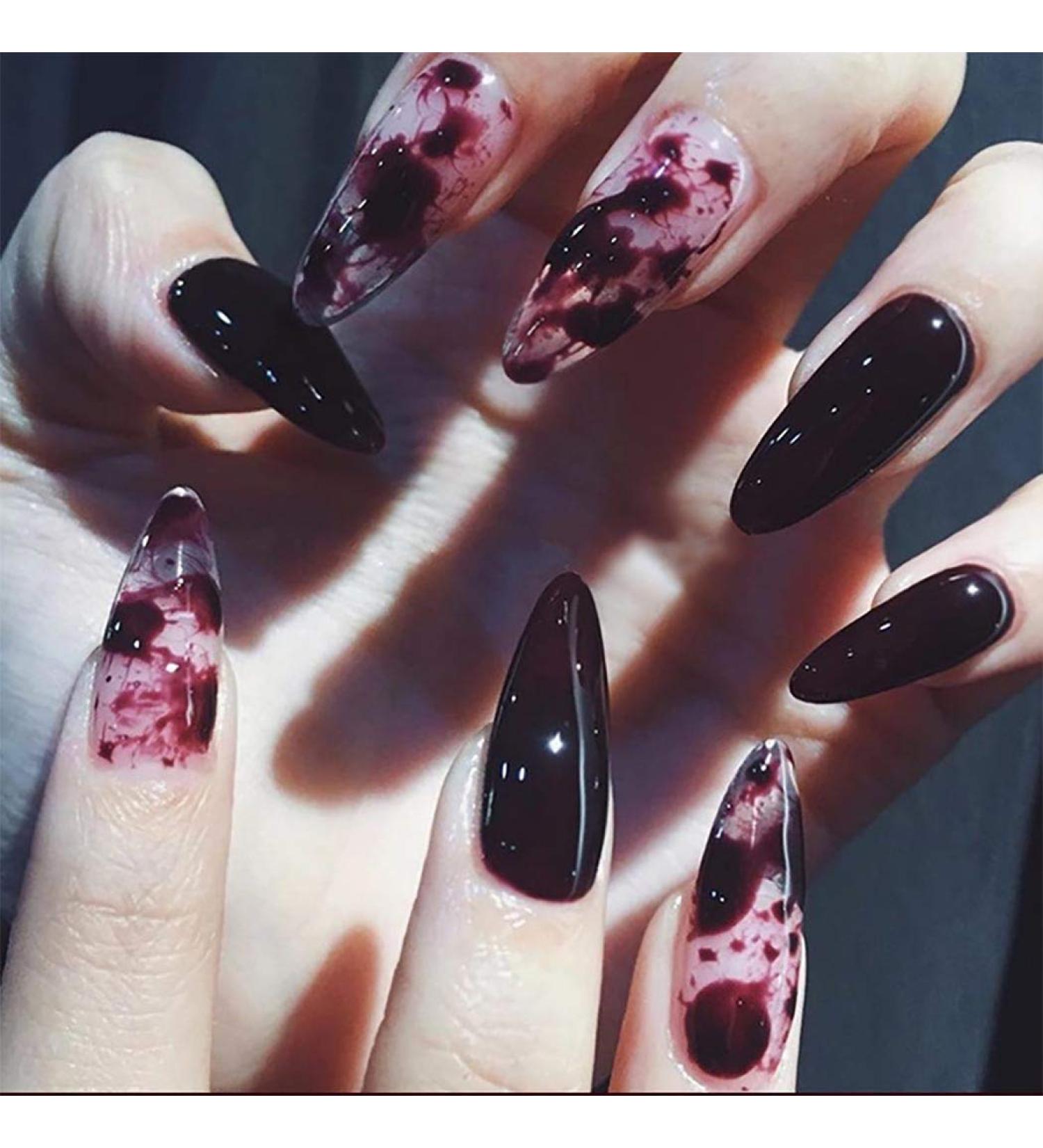 Stiletto Punk Witches Press on Nails Black and Red Flame Marble Full Cover Glossy False Nails (24 PCS) - For Women and Girls - Buy Online on GoSupps.com