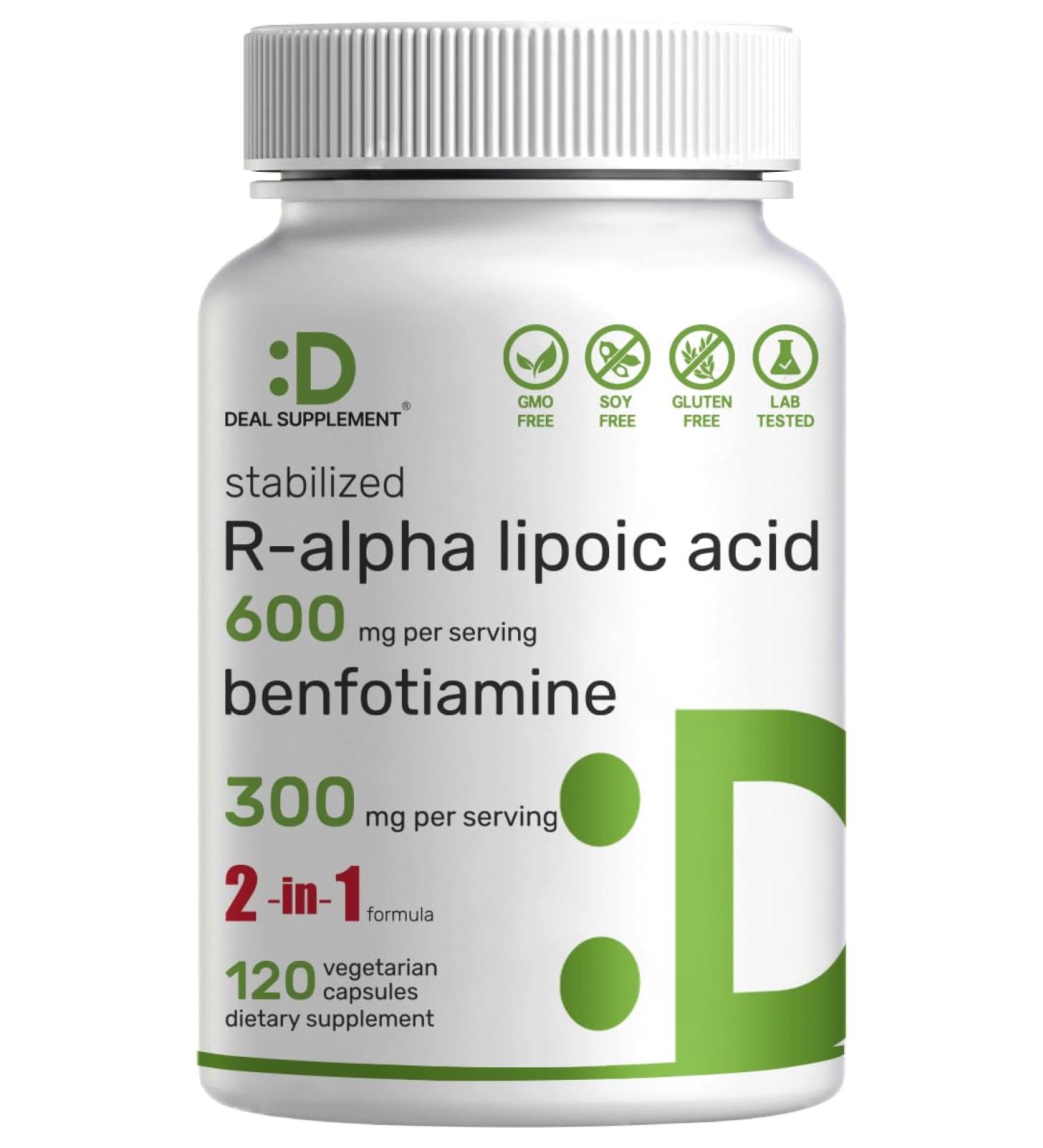 DEAL SUPPLEMENT R Alpha Lipoic Acid 600mg & Benfotiamine 300mg - 120 Veggie Capsules for Energy & Nervous System Support - Antioxidant Supplement - R-ALA Complex - Buy Online on GoSupps.com