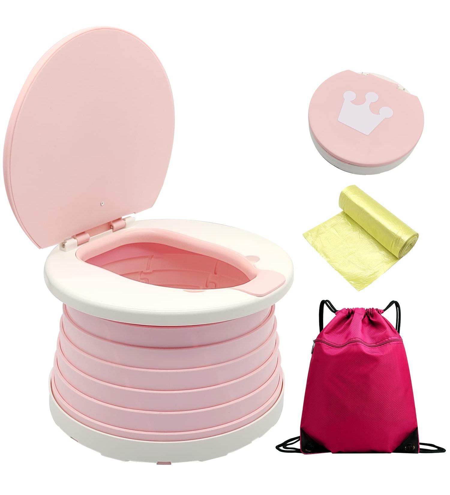 Portable Travel Potty Seat for Kids with Cleaning Bags - Foldable Toddler Potty for Car, Picnics, Camping - Indoor/Outdoor Training Toilet - Baby Pink - Buy Online on GoSupps.com