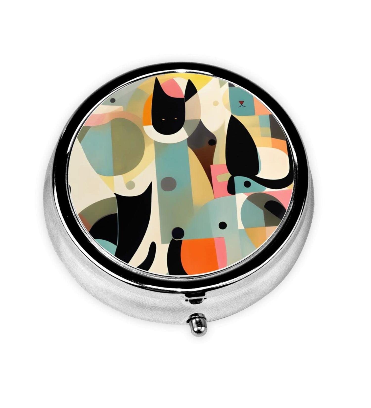 Mid-Century Modern Art Cat Round Pill Box - 3 Compartments Portable Organizer for Purse & Pocket | Travel-Friendly - Buy Online on GoSupps.com