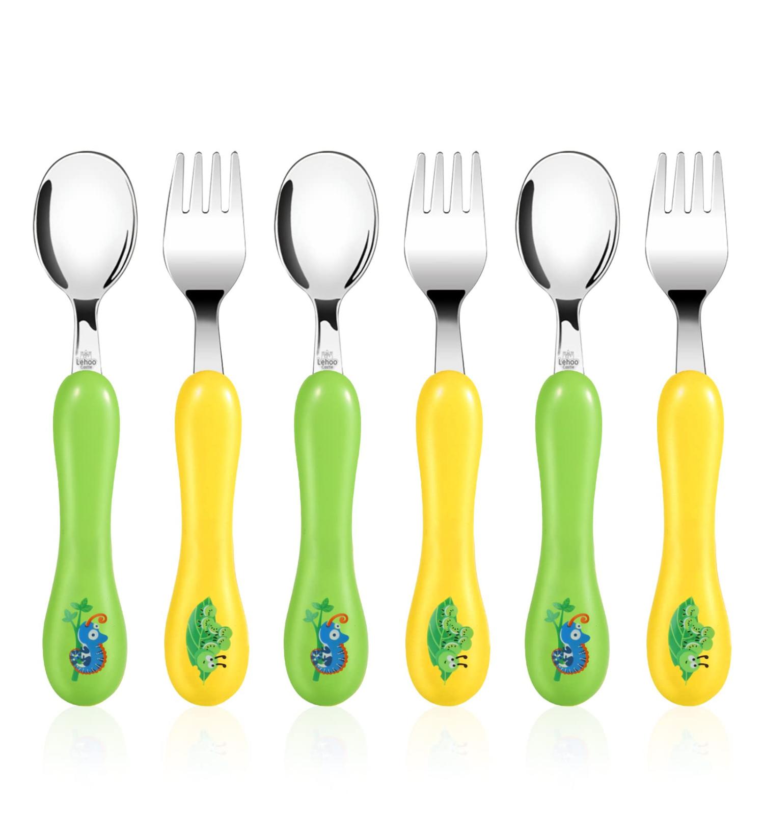Lehoo Castle Toddler Cutlery Set - 6pcs Stainless Steel Fork and Spoon for Kids, Green/Yellow - Buy Online on GoSupps.com
