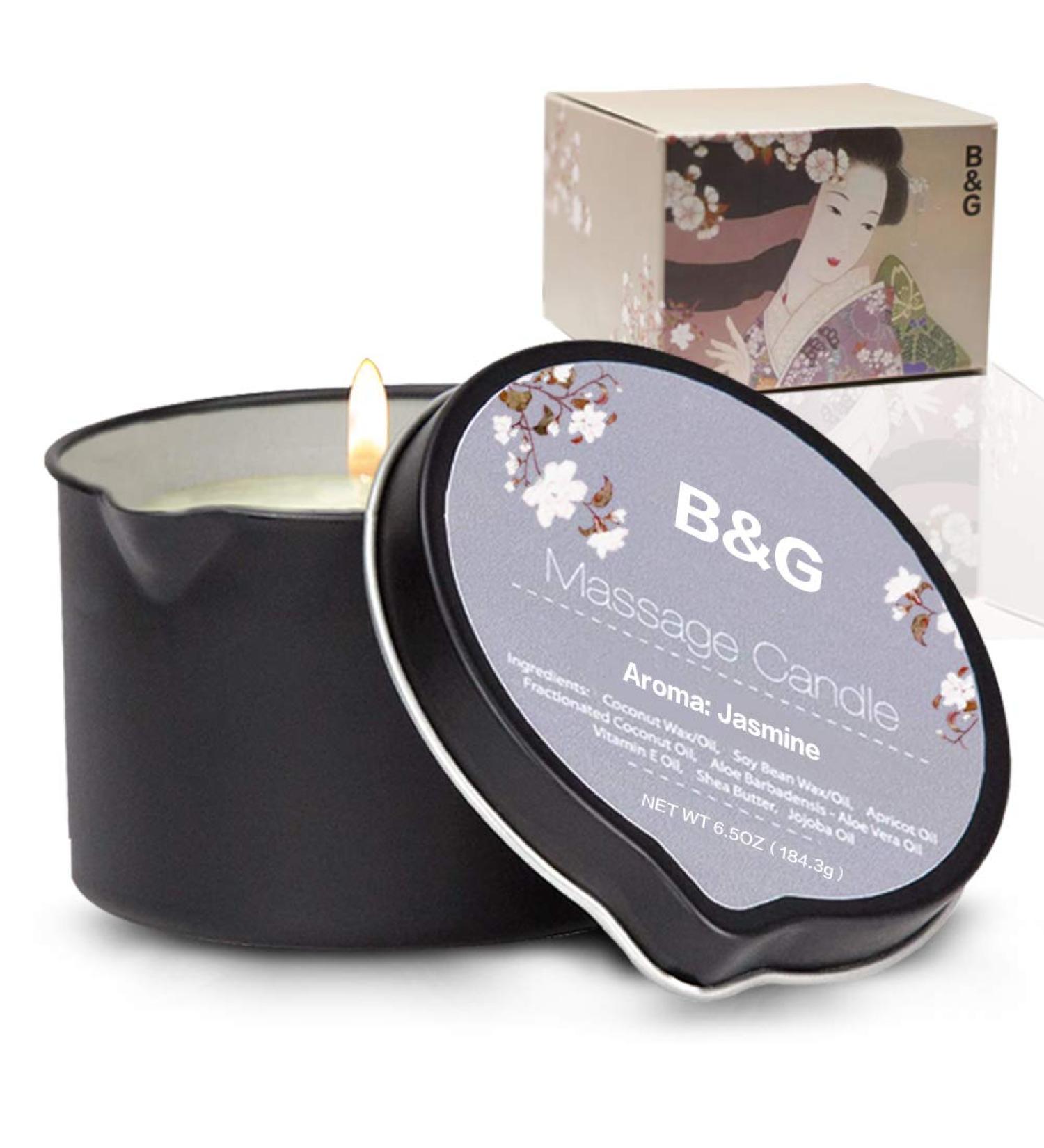 B & G Jasmine Massage Candle 6.5oz - Luxurious Aromatherapy Essential Oil for Relaxing Home Spa & Body Massage - Moisturizing Scented Candle - Buy Online on GoSupps.com