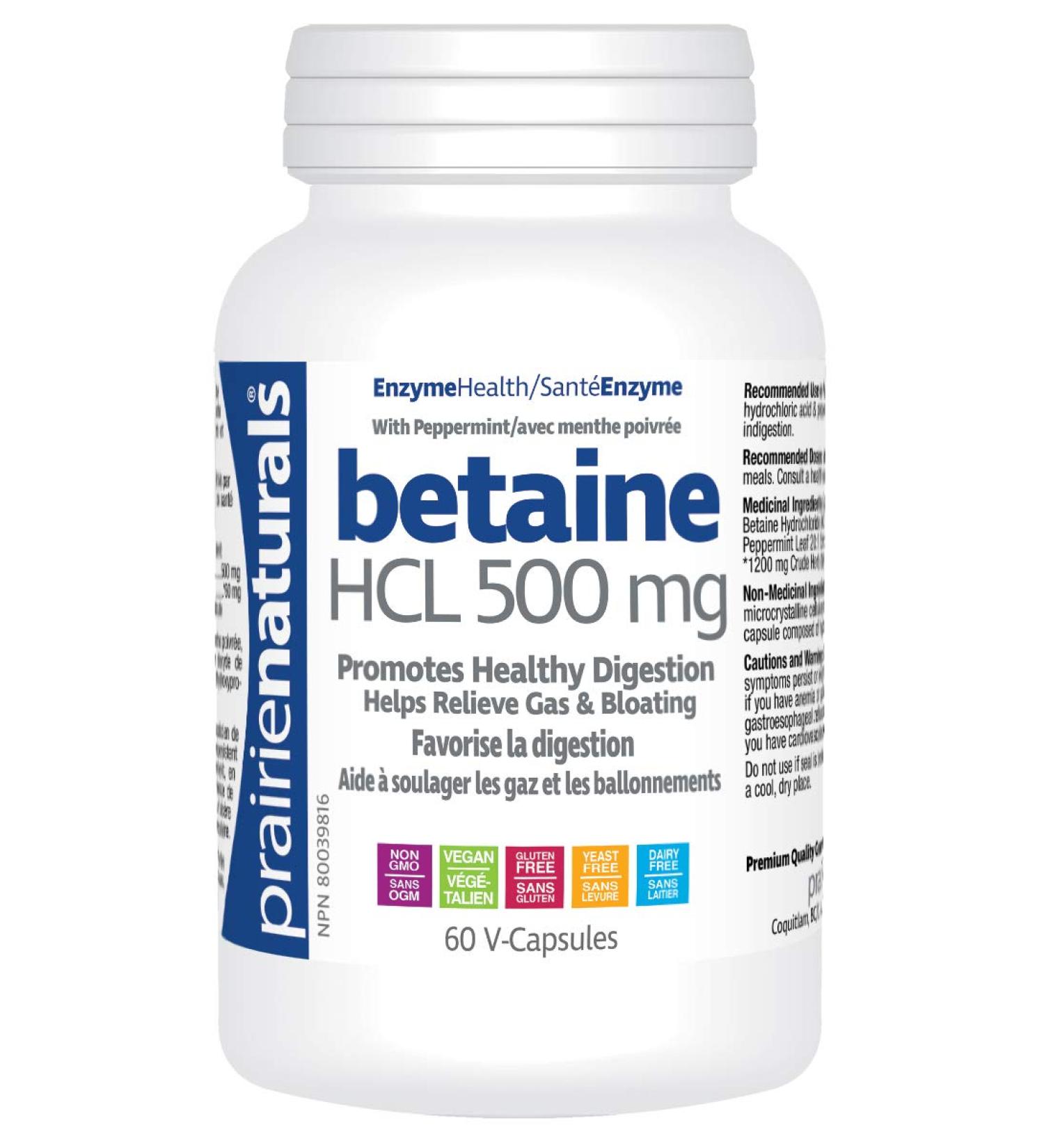 Prairie Naturals Betaine HCL 500mg VCaps - 60 Count Unflavored 60 Count (Pack of 1) - Buy Online on GoSupps.com