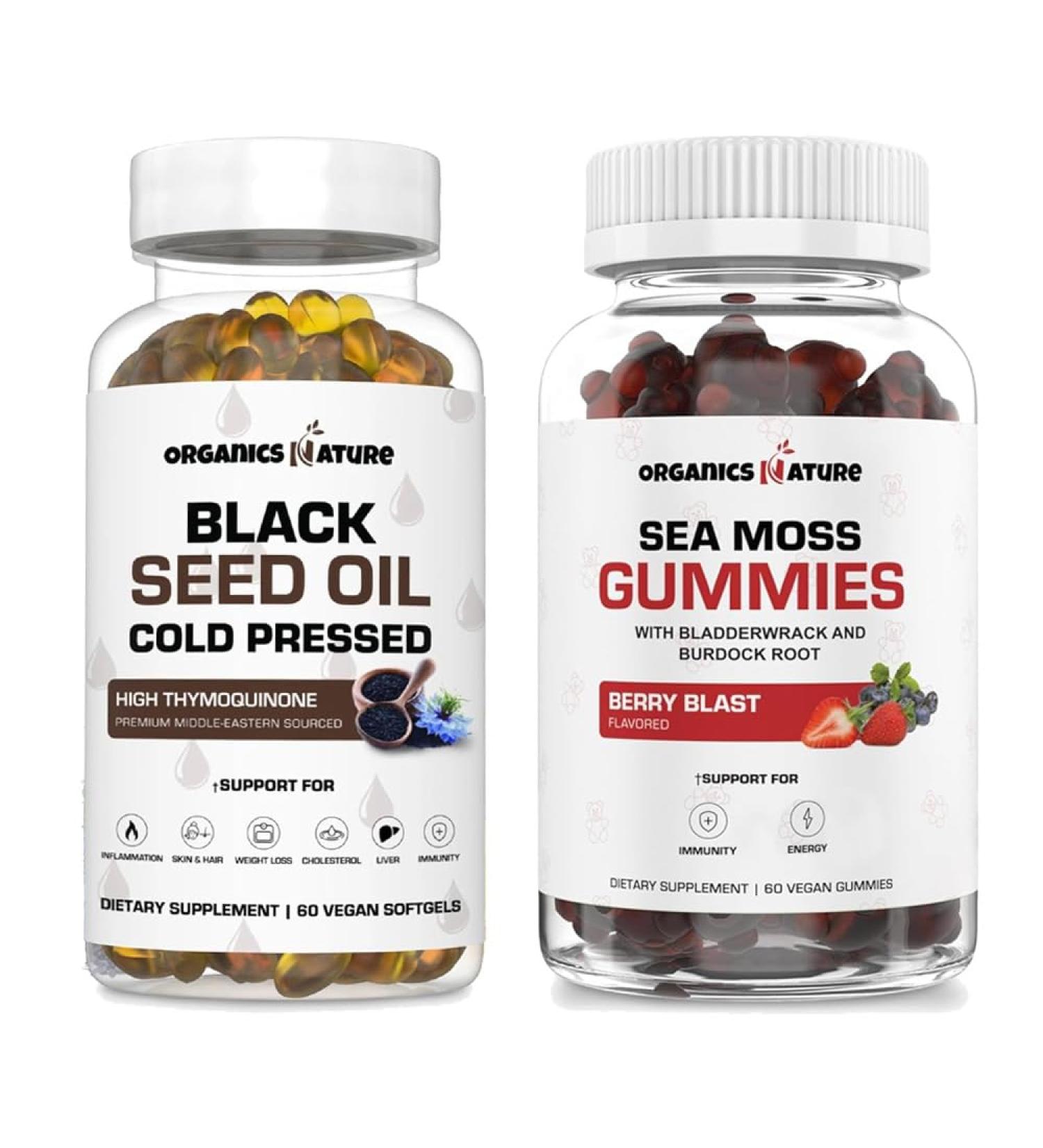 ORGANICS NATURE Black Seed Oil Capsules & Sea Moss Gummies Bundle | Vegan Softgels Nigella Sativa | Omega 3s - Buy Online on GoSupps.com