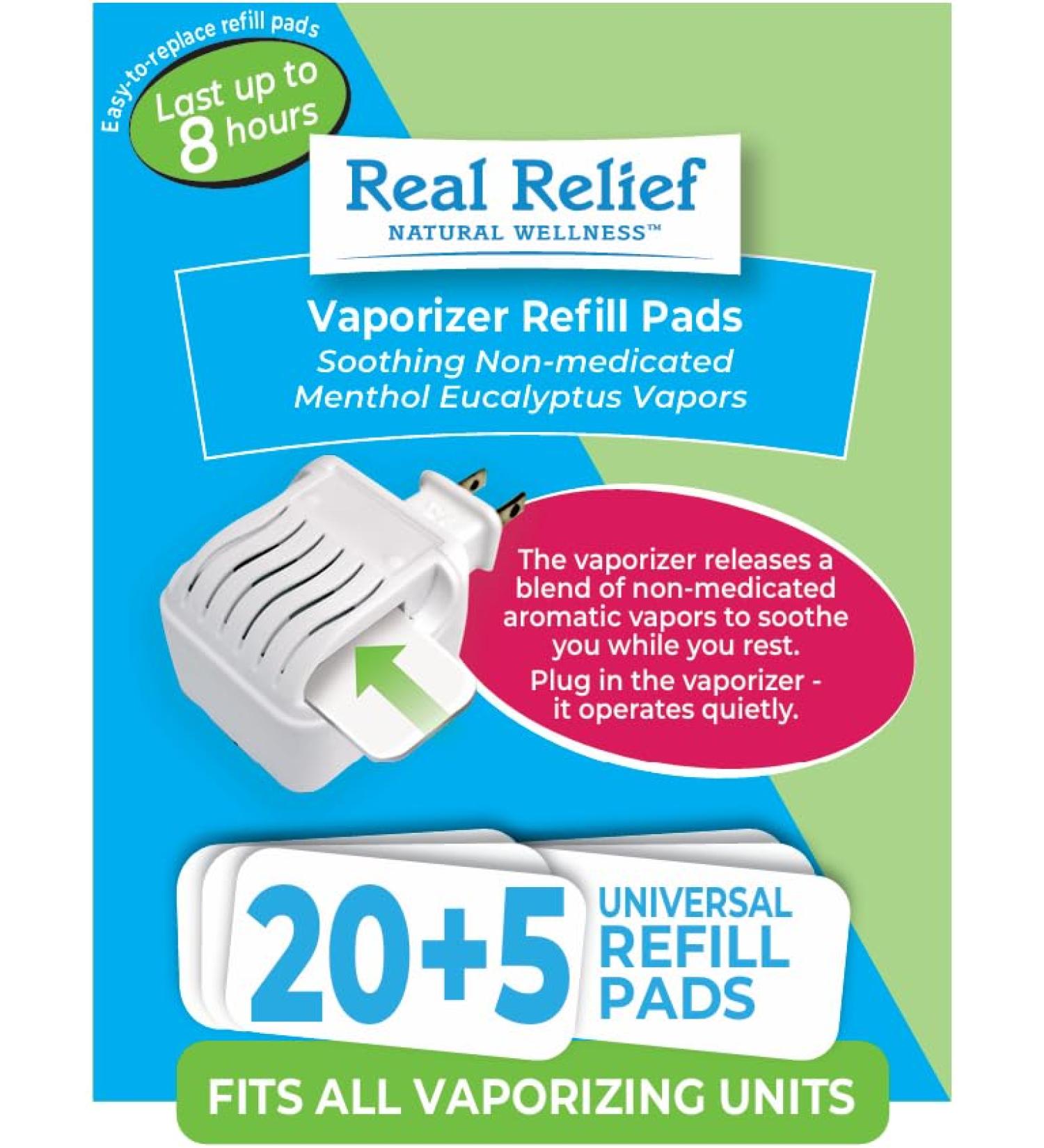Real Relief Universal Refill Pads for Waterless Plug-in Vaporizer Menthol & Eucalyptus Bonus Pack (20 + 5 Free) - Buy Online on GoSupps.com