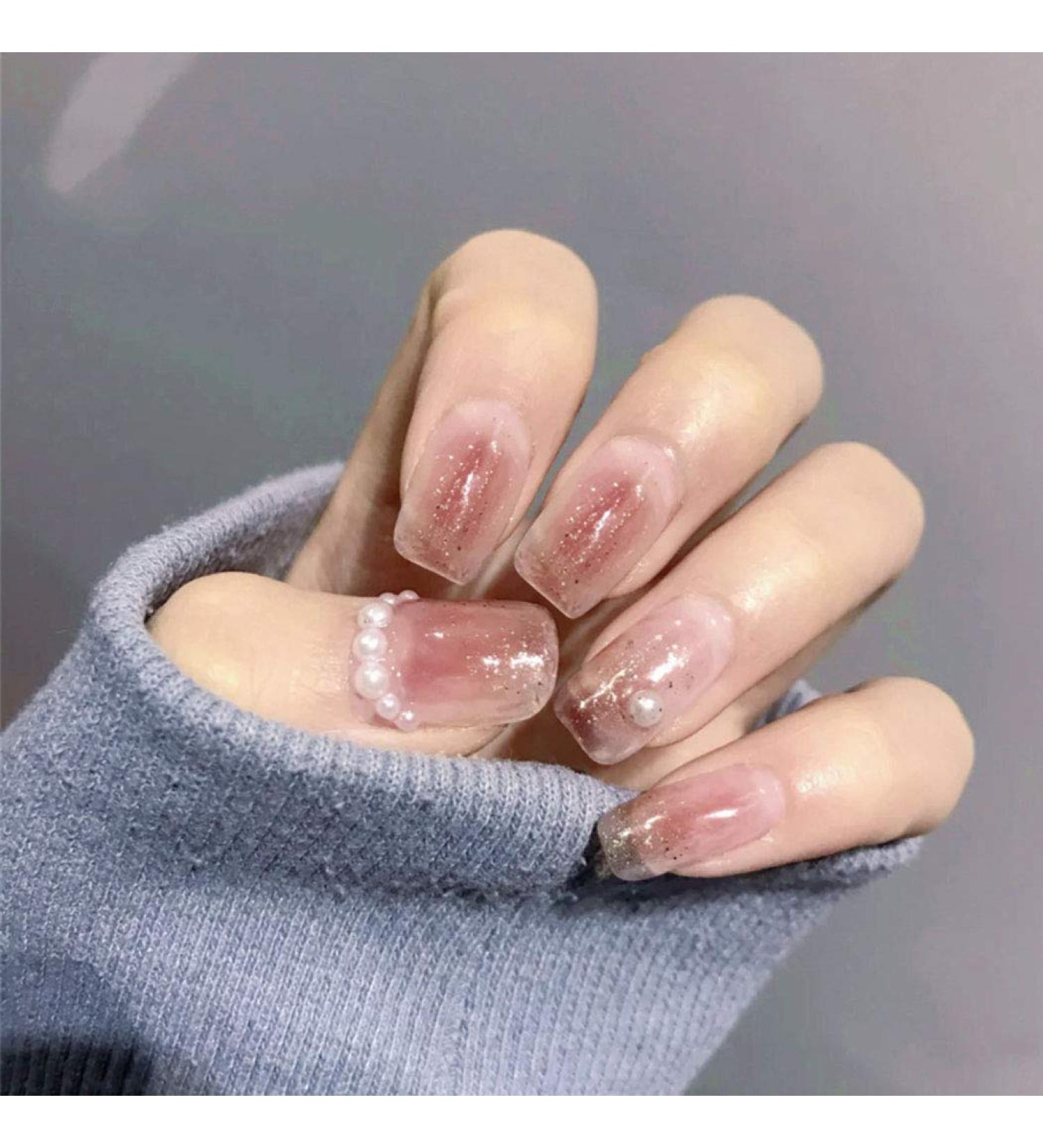 Sethexy Shiny Short Square Nail Tips - Clear Pearl Gradient Sparkle Silver - 24-Piece Complete Cover Art Fake Nails for Women & Girls | International Shipping - Buy Online on GoSupps.com