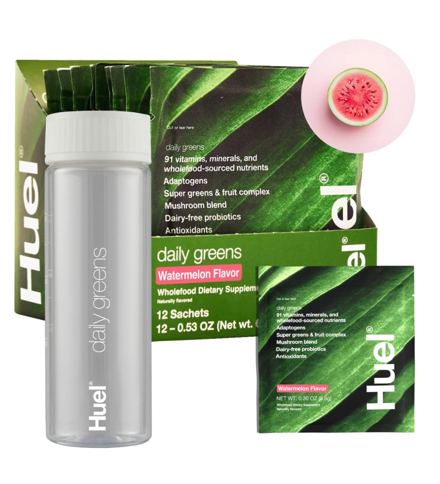 Huel Daily Greens Bundle | Single Serve Watermelon + Bottle | Superfood Greens Powder | 91 Vitamins Minerals and Wholefood-Sourced Ingredients | 12 Servings | Lockable Lid to Avoid Spills | BPA Free - Buy Online on GoSupps.com