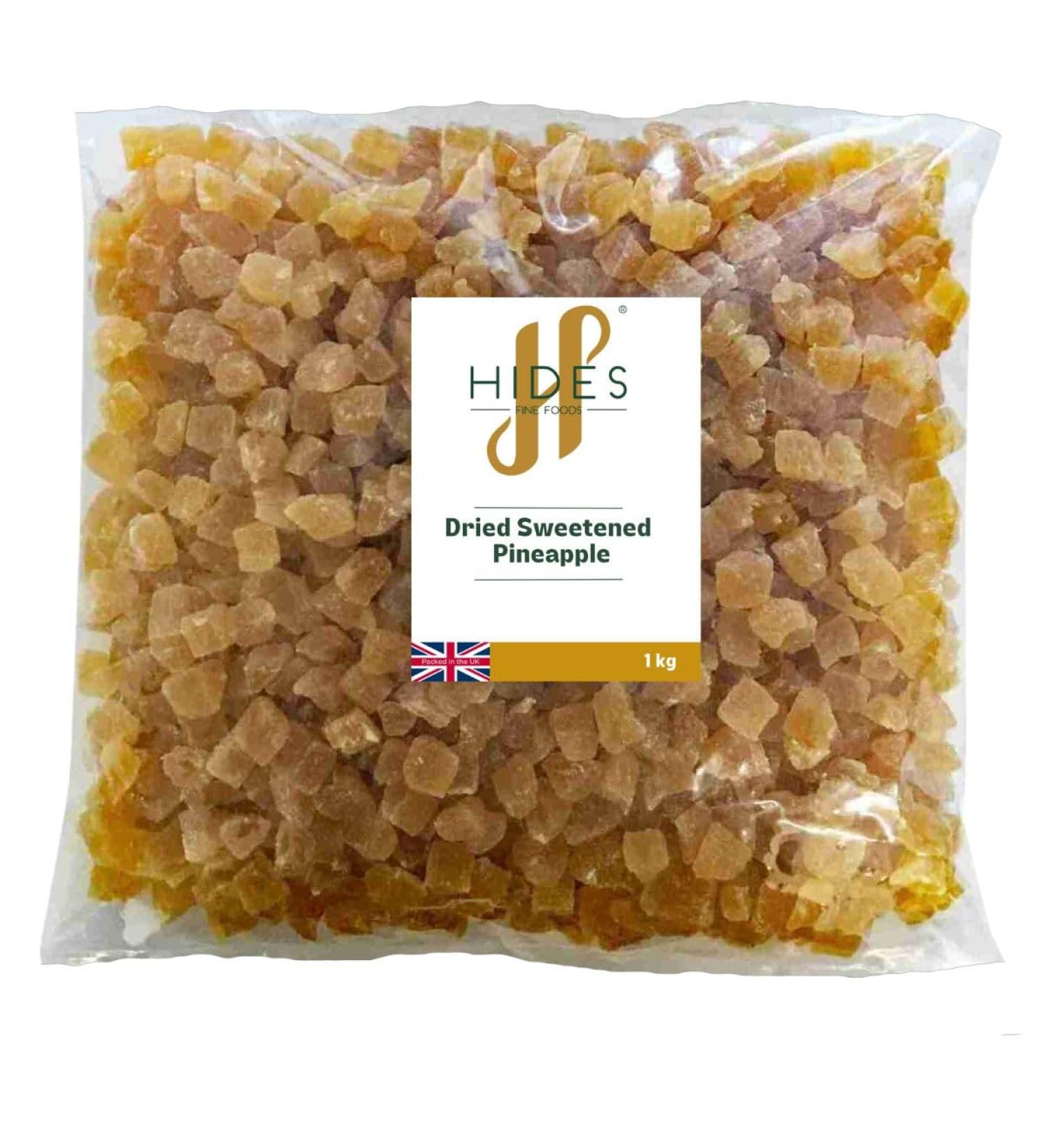 Hides Fine Foods - Dried Sweetened Diced Pineapple 1kg - Suitable for Vegetarians - GMO Free - Baking - Granola - Breakfast - Snacking - Desserts - Curries - Buy Online on GoSupps.com