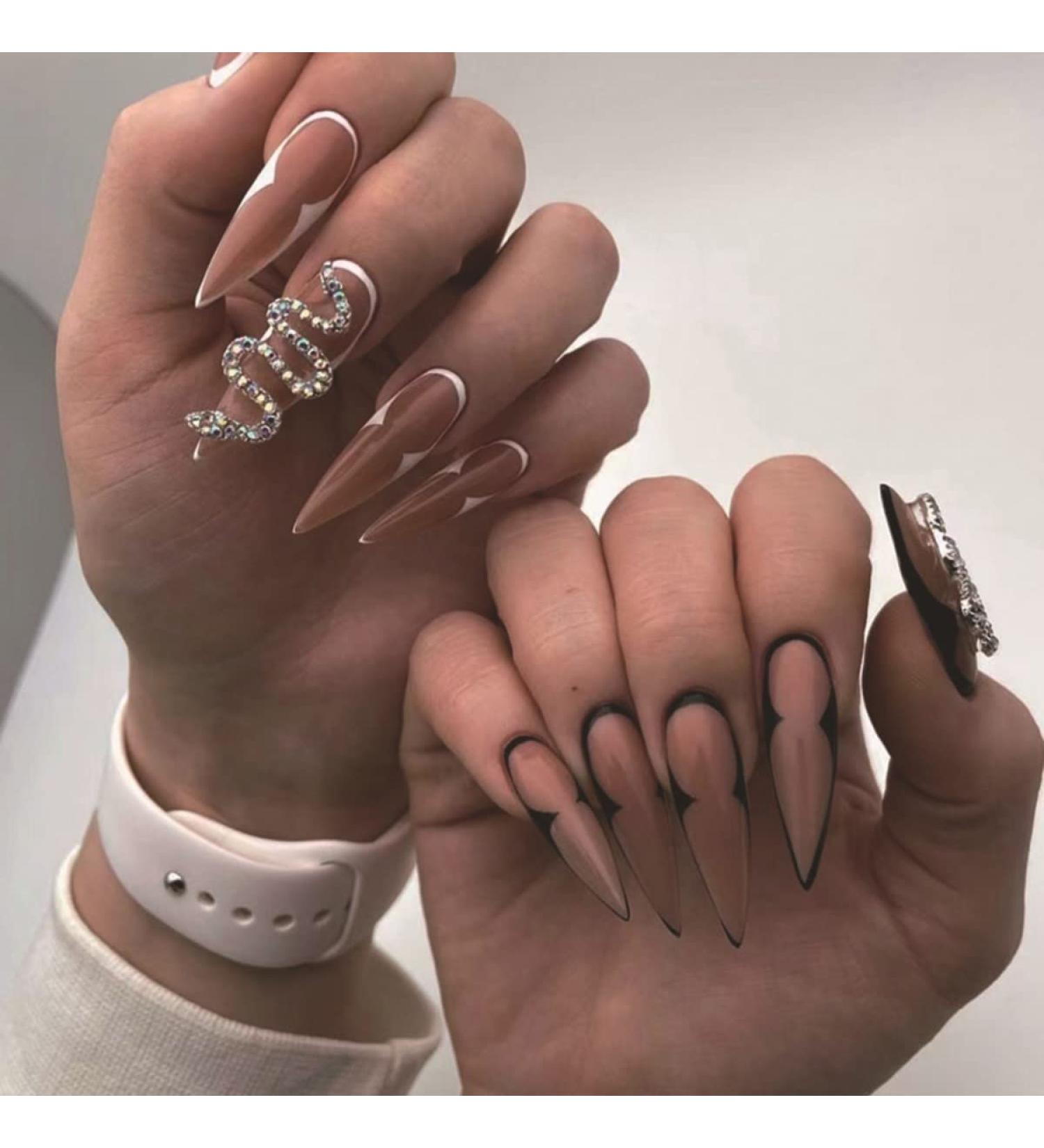 Justotry 24 Pcs 3D Stiletto Fake Nails: Snake White & Black French Press On Almond Nails for Women - Long Glue-On False Nails for Nail Art - Buy Online on GoSupps.com