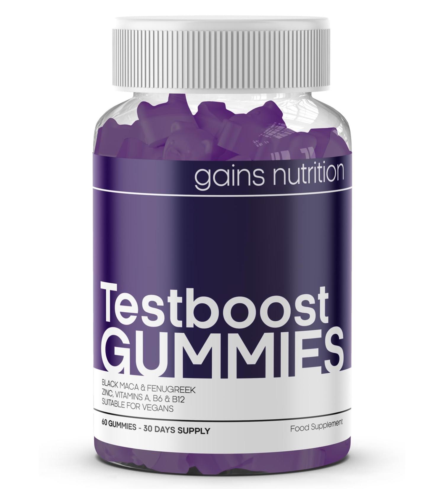 Testboost Gummies for Men - Natural Testosterone Supplement with Zinc, Magnesium, Maca & Fenugreek - Vegan Friendly Grape Flavored Option - Buy Online on GoSupps.com