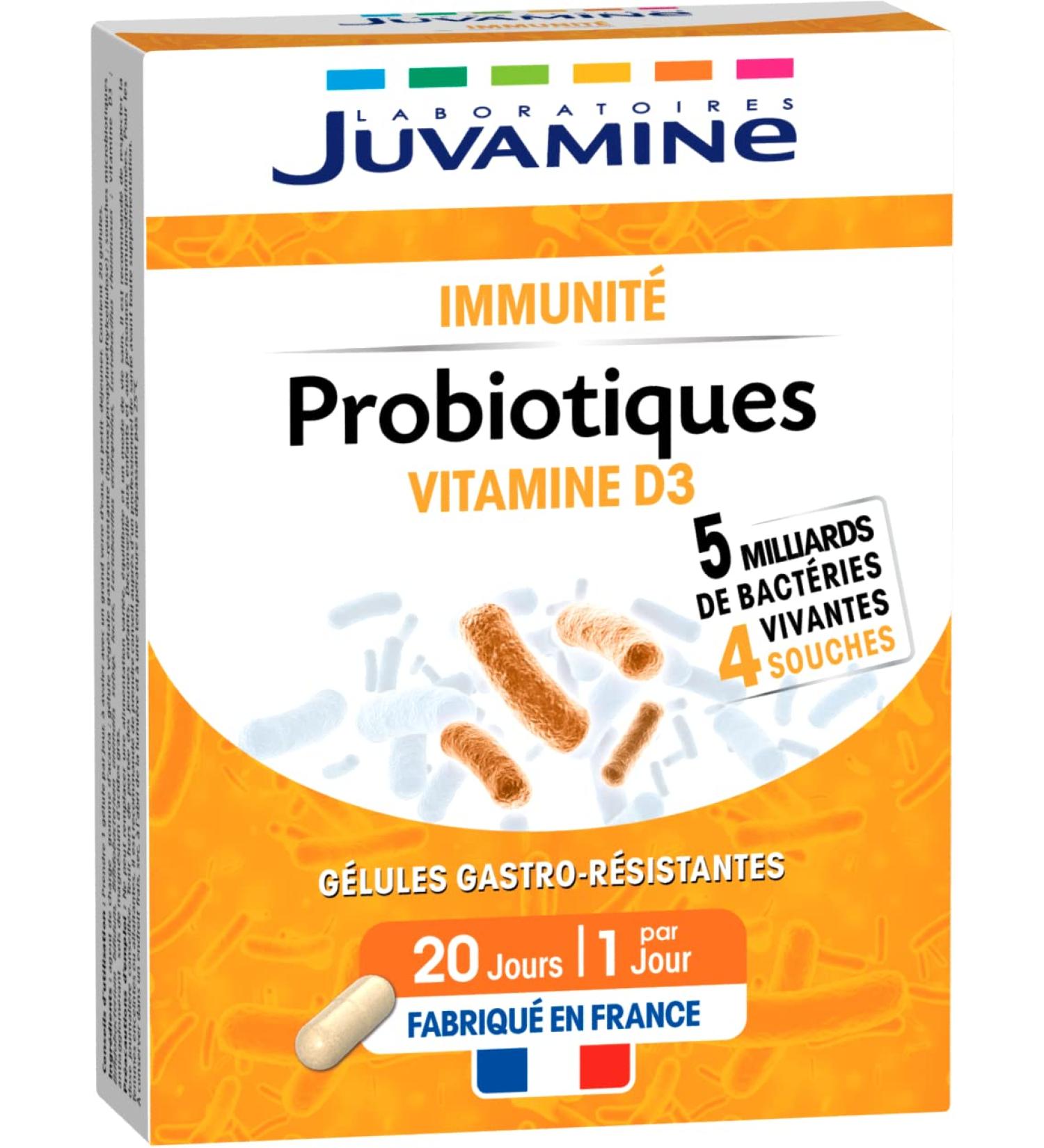 JUVAMINE - Probiotics and Vitamin D - Supports Immunity - 5 Billion Bacteria and 4 Different Strains - 20 Gastro-Resistant Capsules - Made in France - Buy Online on GoSupps.com