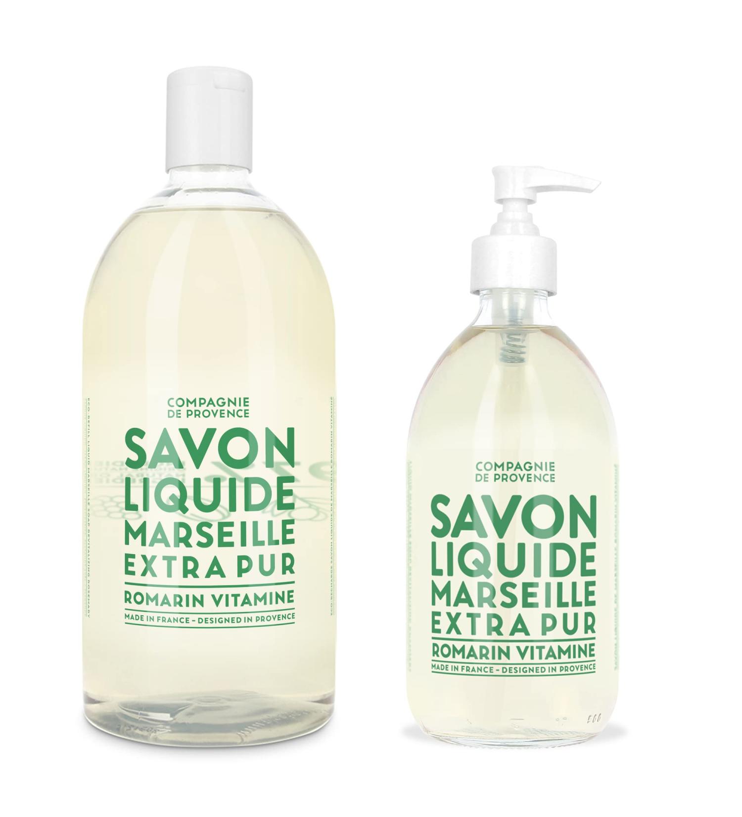 Compagnie de Provence Savon de Marseille Liquid Soap - Rosemary - 16.7 oz Glass Bottle + 33.8 oz Refill - Gift Set - Buy Online on GoSupps.com