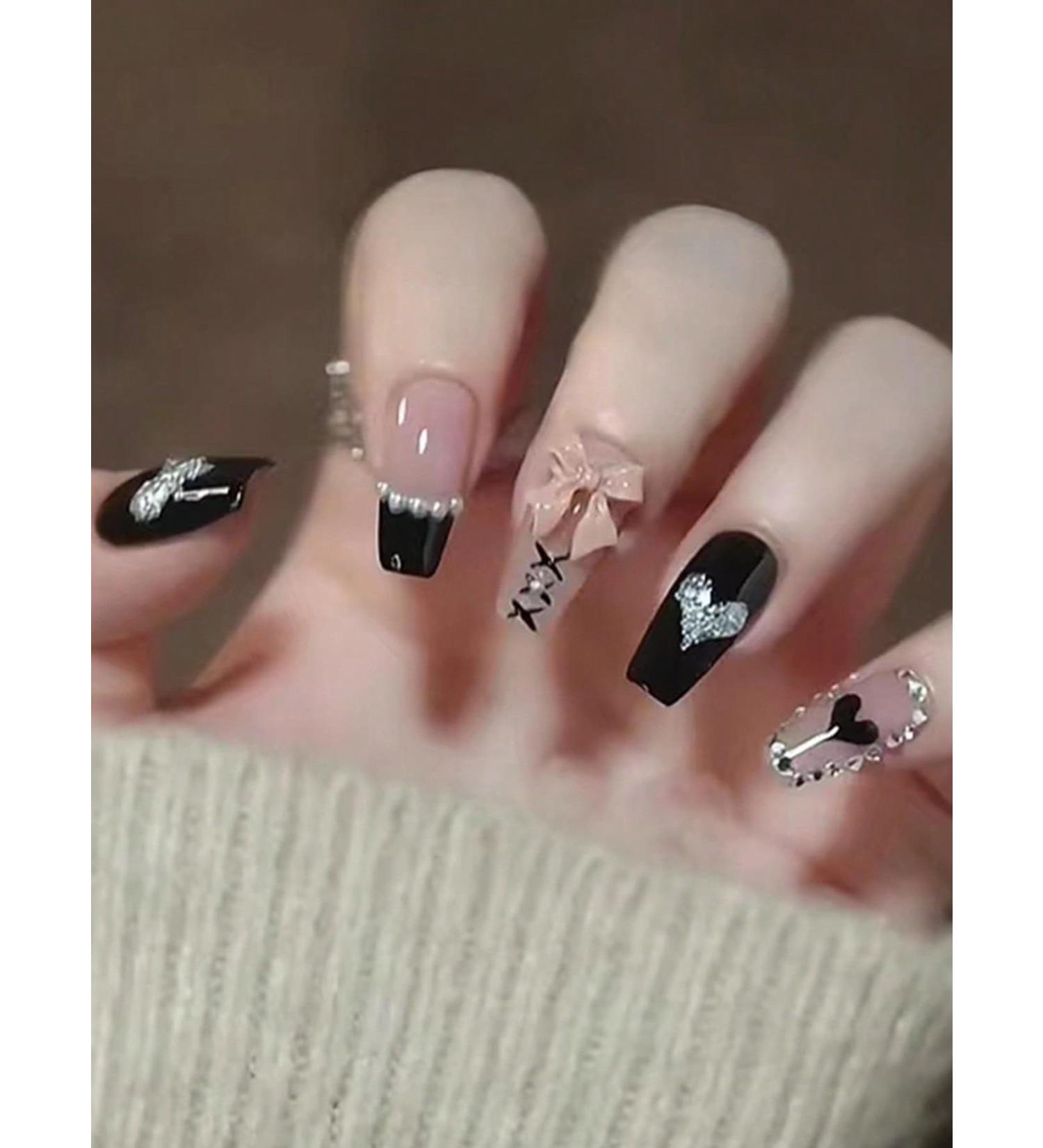 24pcs Bow Black Coffin Fake Nail Bow Heart Press on Nails Bow Heart Long Coffin Nails Luxurious Nails Acrylic Nails Fake Nails For Women Girls - Buy Online on GoSupps.com