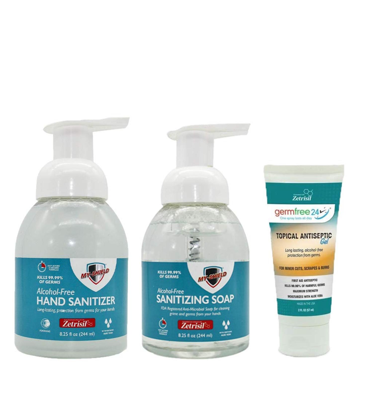 My-Shield Combo: 8.25oz Hand Sanitizer Foam 8.25oz Sanitizing Soap 2oz Topical Antiseptic Gel Alcohol-Free Long-lasting Protection. Kills 99.99% of Germs. Moisturizes With Aloe Vera