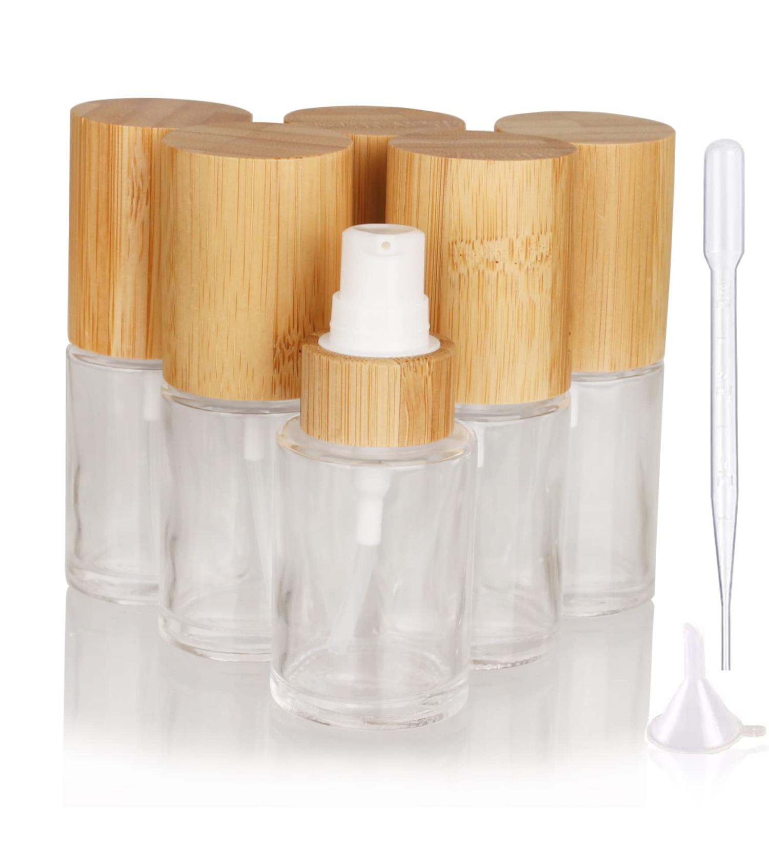 COSIDEA 6 pcs Empty 1oz / 30ml bamboo lids clear glass bottle with lotion pump dispenser refillable emulsion cosmetic cream bottles toiletries refill travel container 30 ml With Lotion Pump - Buy Online on GoSupps.com